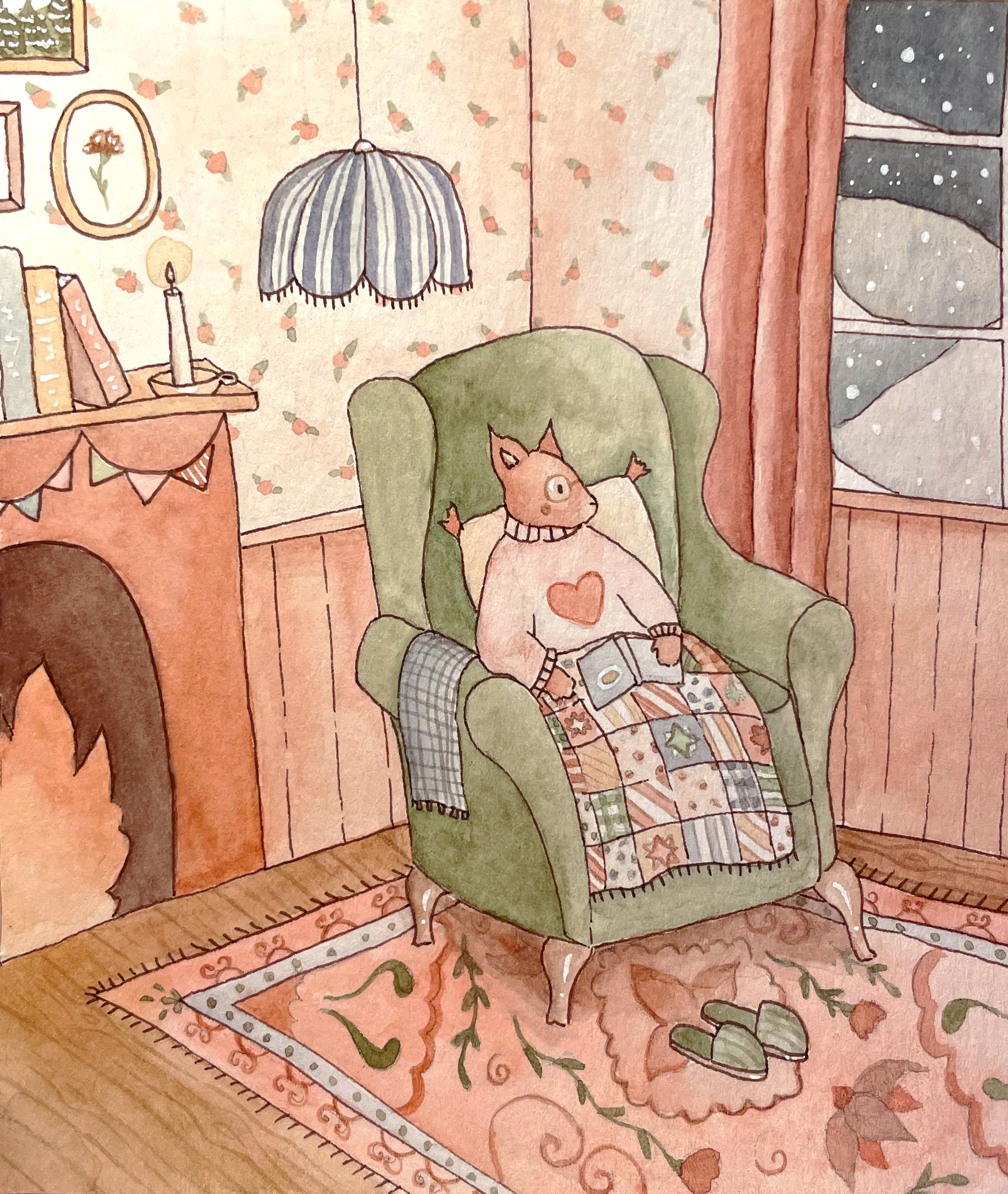 Children Book Illustration - Cozy Squirrel Reading
