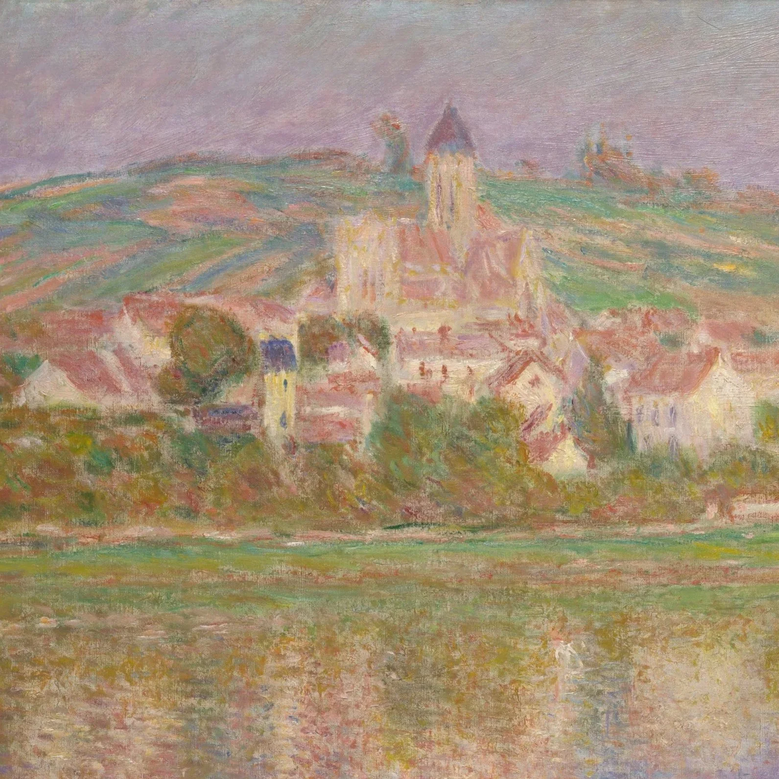 Impressionist painting of a hillside village with church steeples, houses, trees, and a body of water in the foreground.