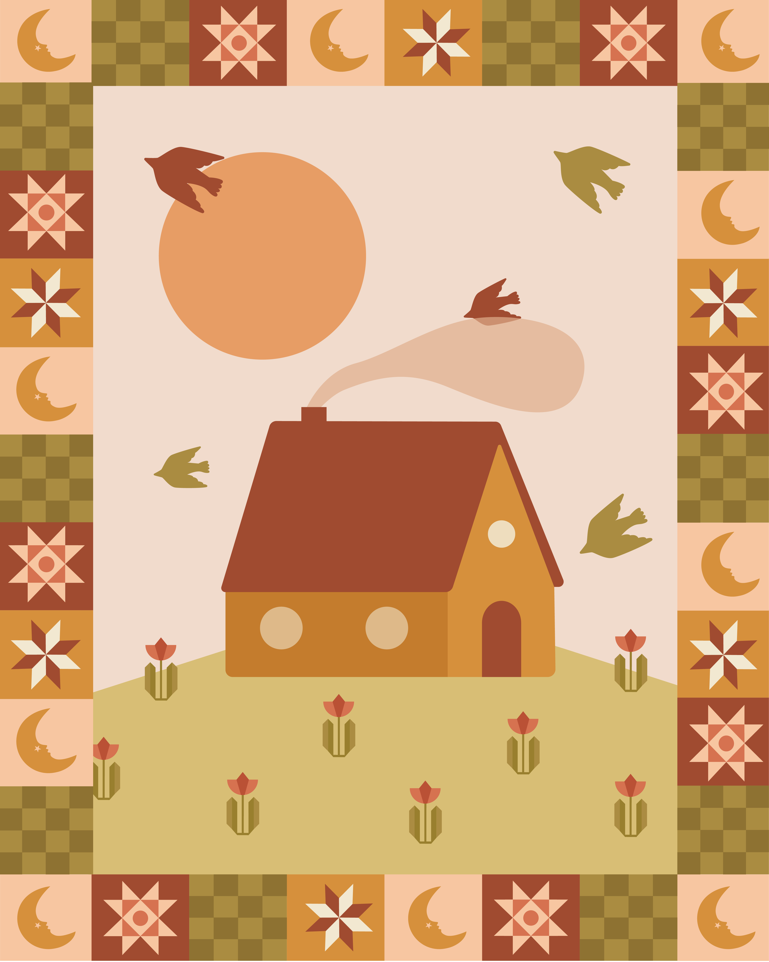 A stylized illustration of a house with smoke coming from the chimney, surrounded by small tulip flowers on a light green lawn. The background features a large orange sun and flying birds against a beige sky. The image is framed with a decorative border of crescent moons, stars, and checkered patterns in shades of green, brown, and orange.