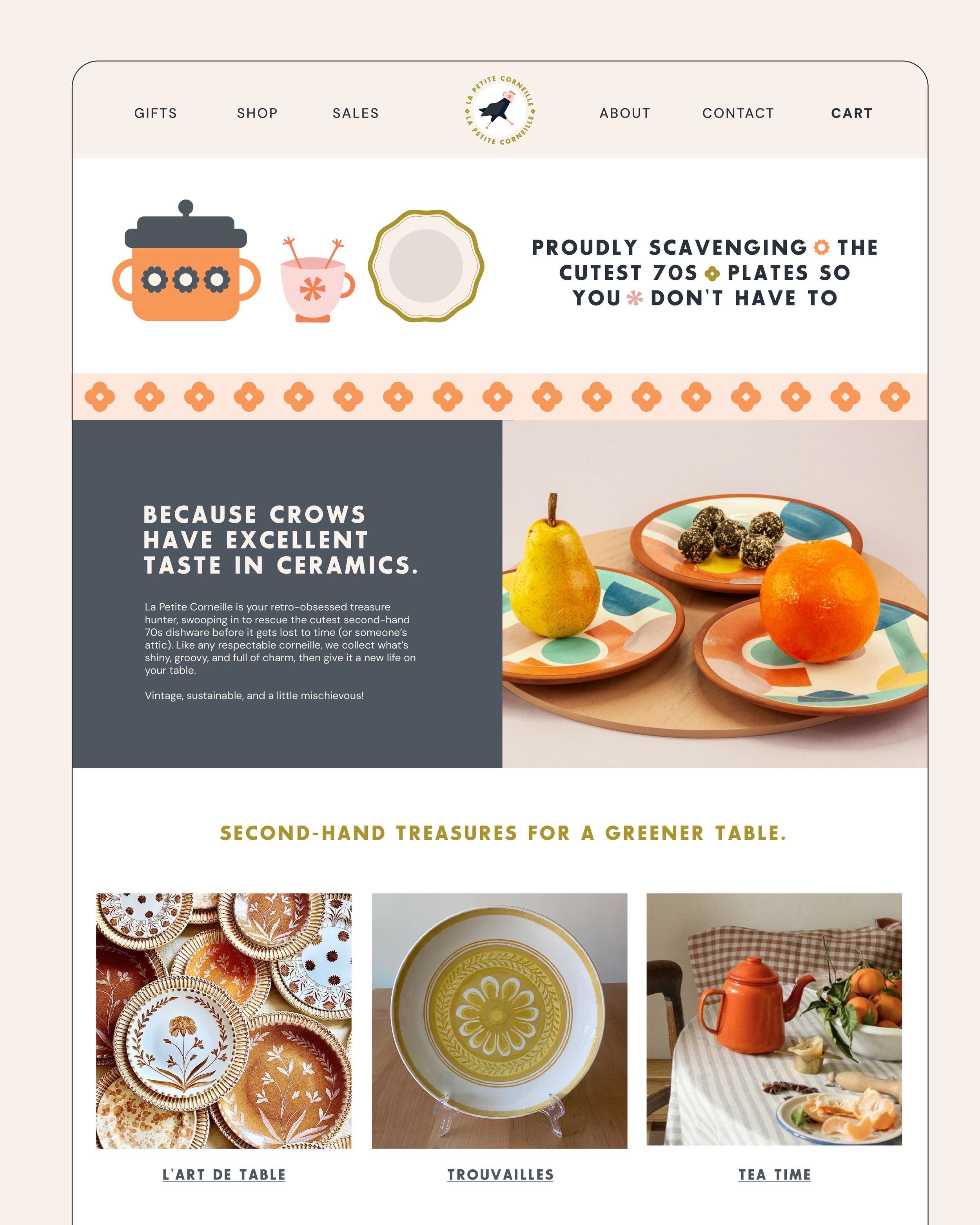 Web page design with vintage ceramic plates and dishes, featuring a header with a logo of a bird, navigation menu, promotional message about 70s plates and ceramics, and sections showcasing second-hand treasures including plates and bowls.