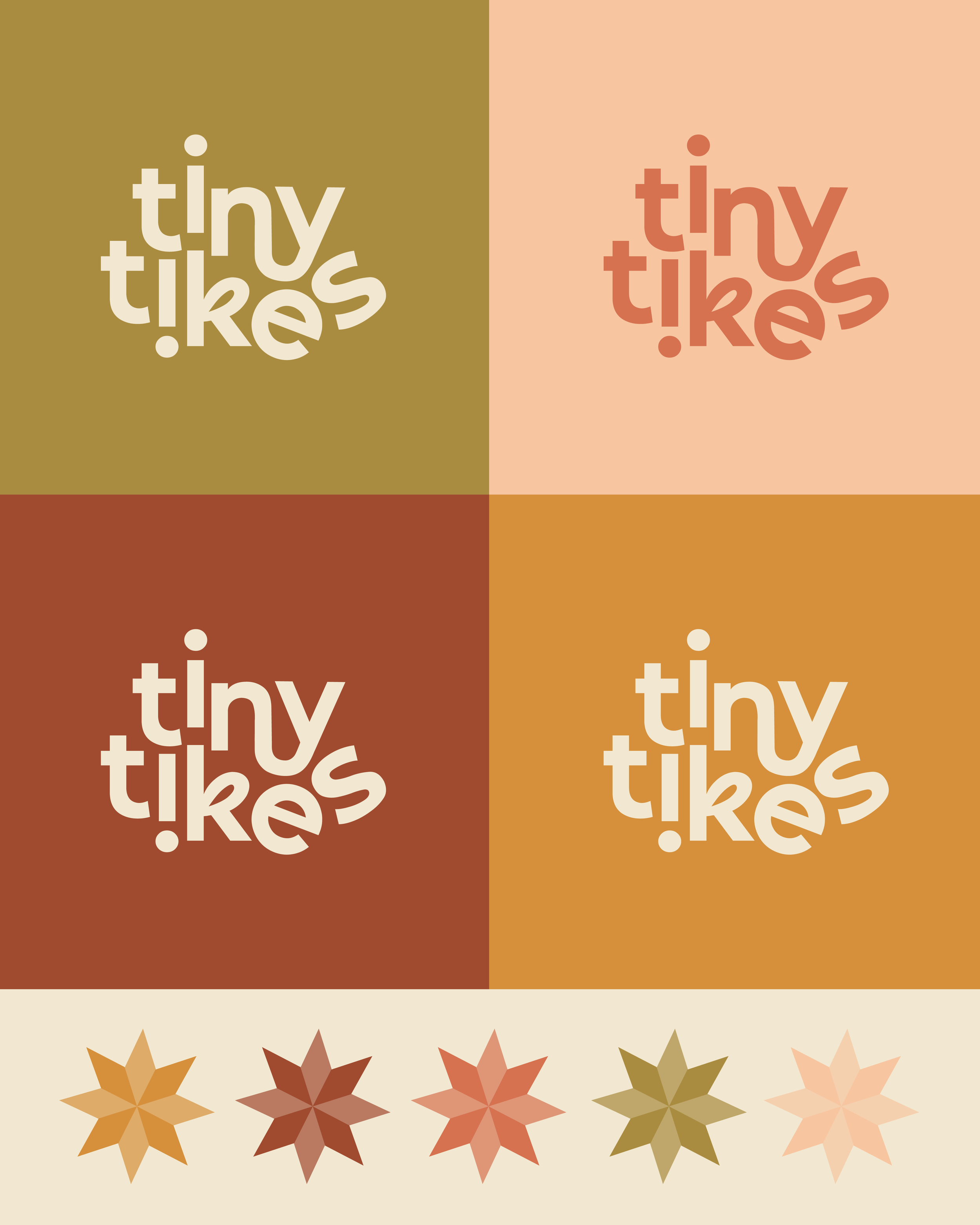 Colorful children illustration and clothing brand graphics with the phrase "tiny tikes" in various playful fonts, divided into four quadrants with warm, earthy tones and a row of stylized star shapes at the bottom.