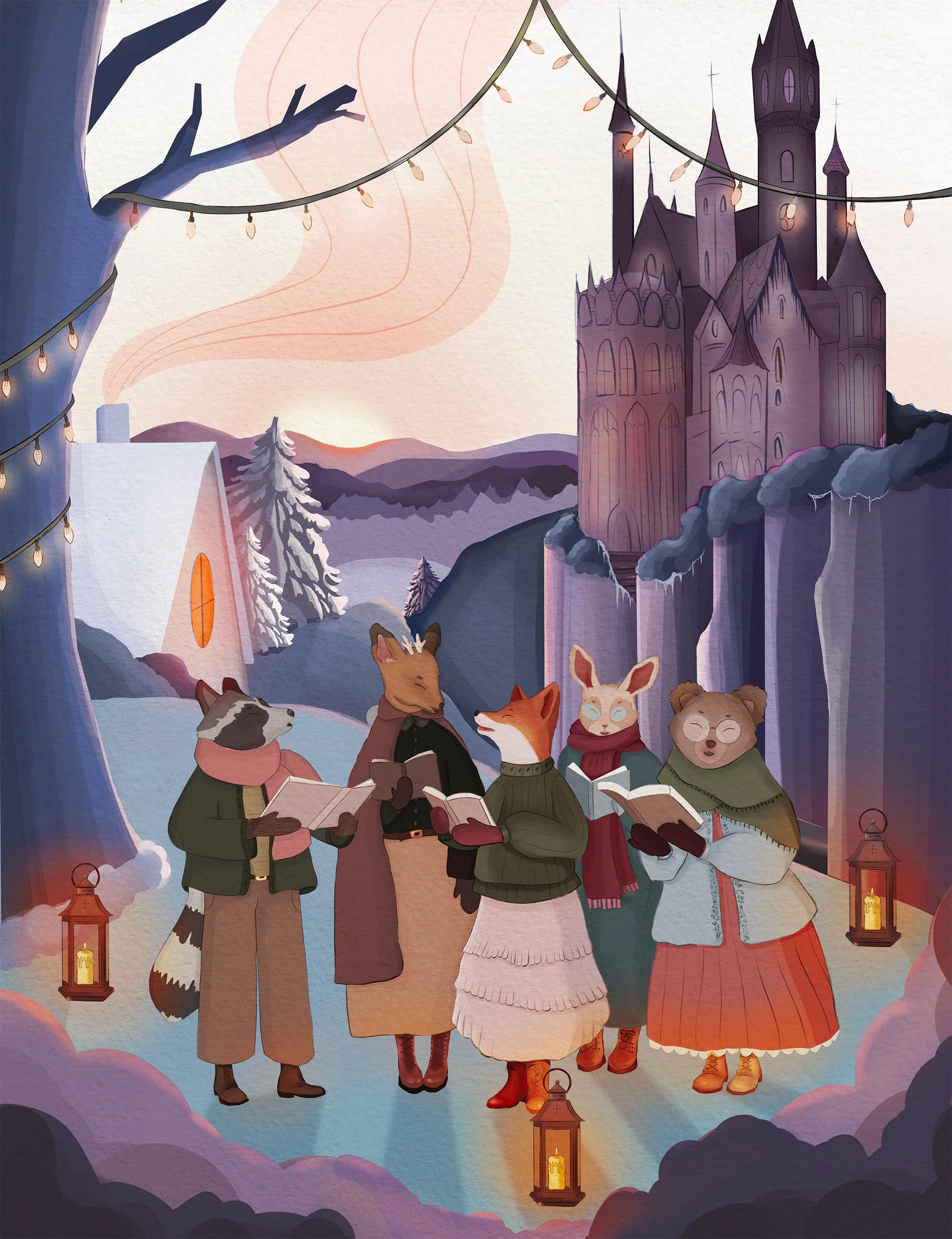 Animated scene with five anthropomorphic animals singing or reciting from books outdoors at sunset, surrounded by snow, lanterns, trees, and a castle in the background.