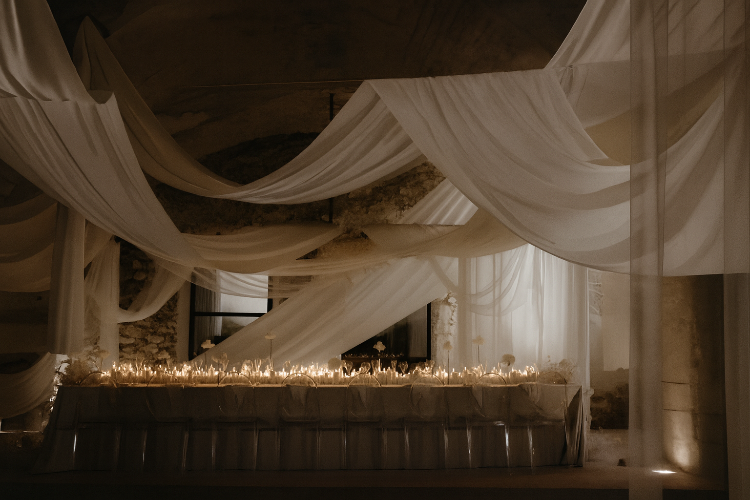 Wedding reception table with candles and floral arrangements, decorated with soft white drapes hanging from the ceiling, inside a rustic stone venue.