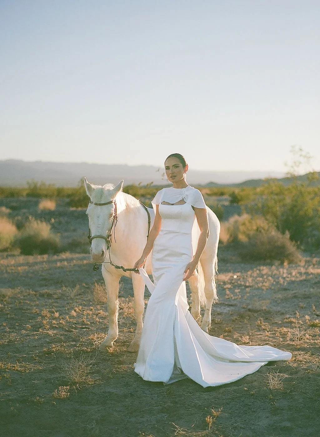 A woman in a long white dress standing next to a white horse in a desert landscape with mountains in the background during sunset.