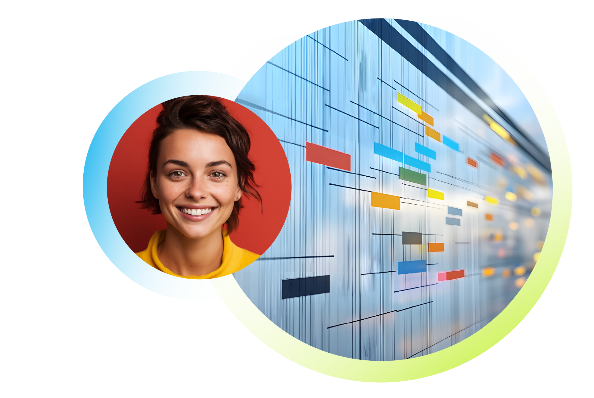 A smiling woman with short dark hair, wearing a yellow top, in front of a blurred background of colorful digital graphics or data visualizations.