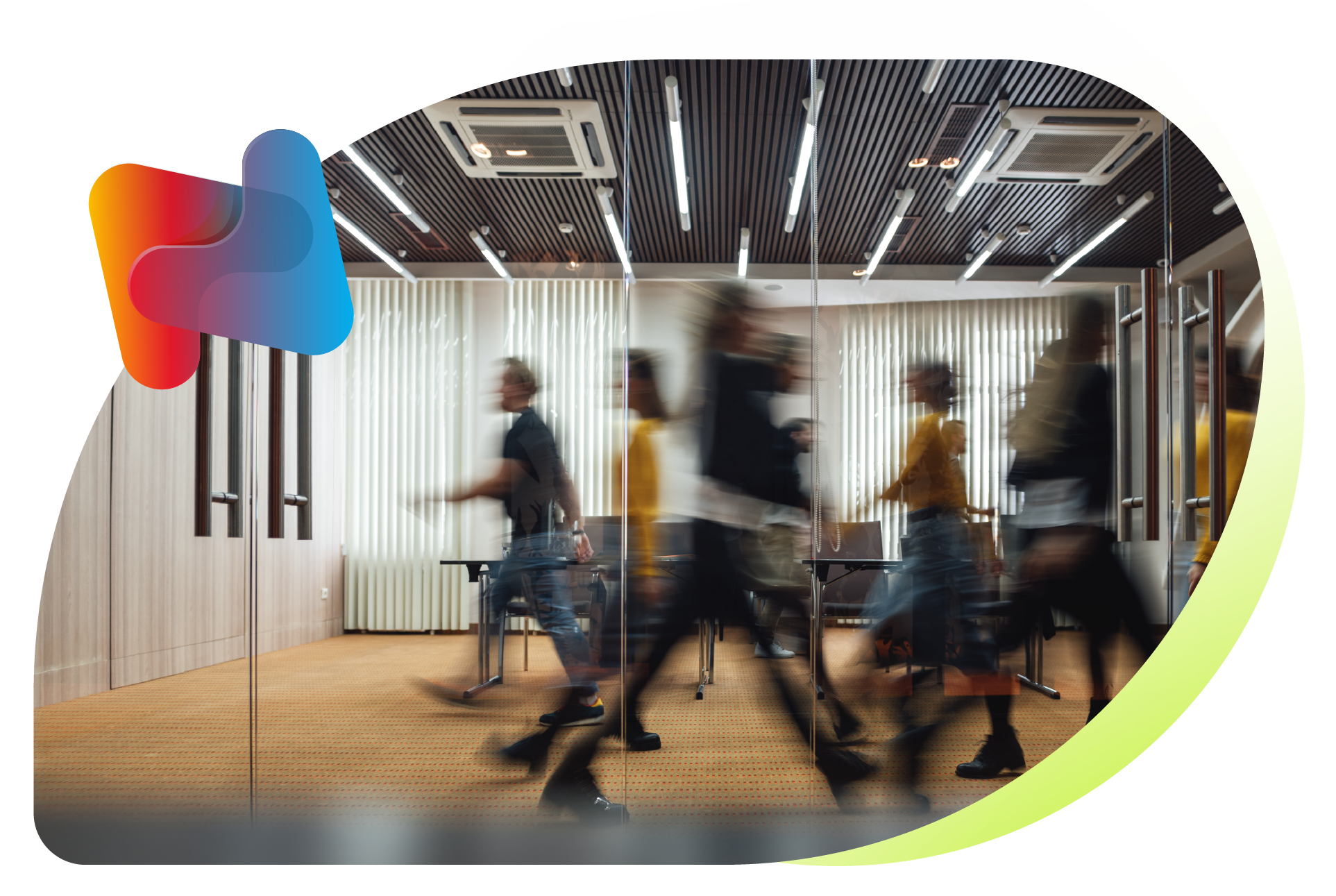 Blurred people walking in a modern conference room with wooden wall panels, vertical blinds, and hanging lights.