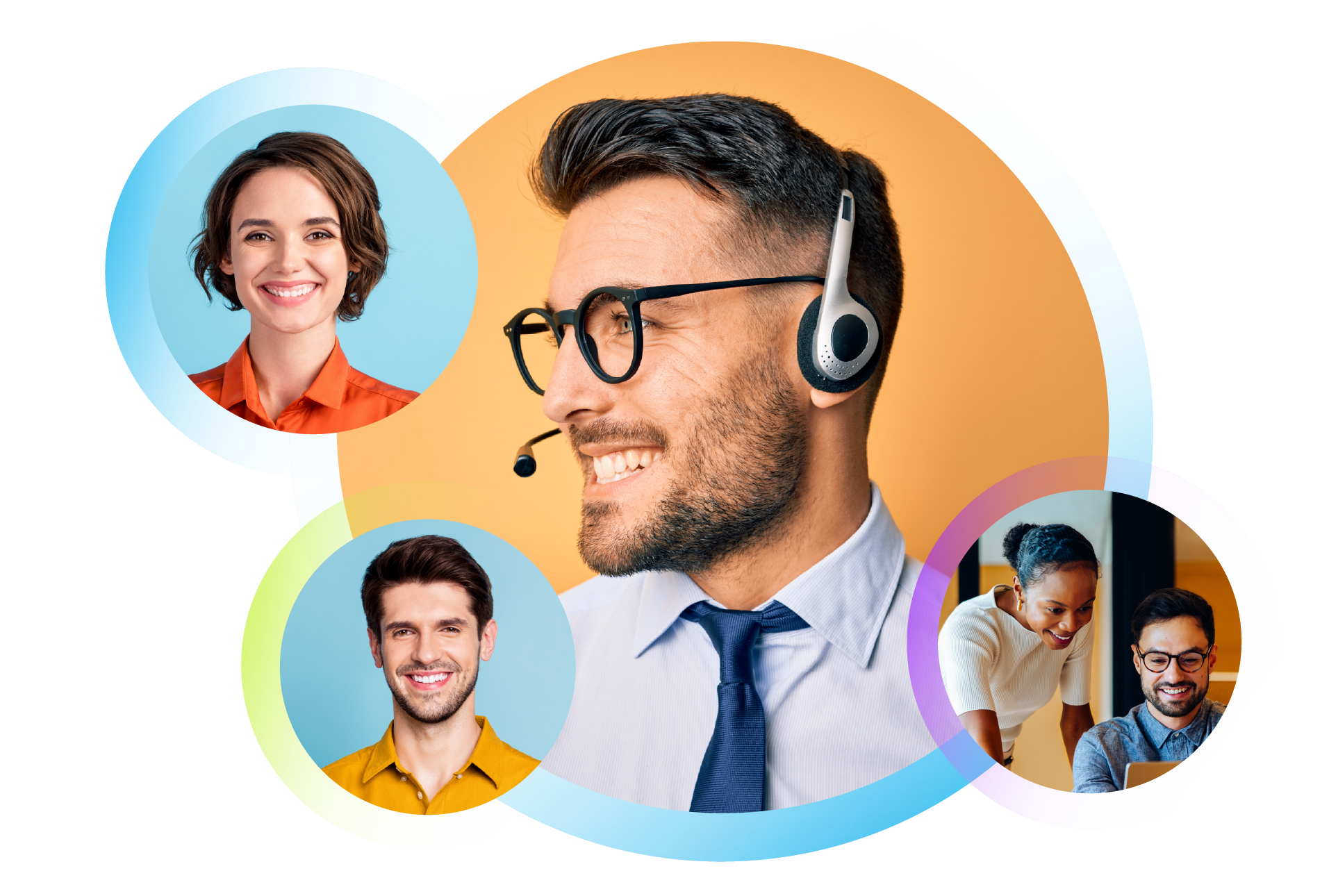 Collage of diverse people in a virtual meeting, including a man with headphones and glasses smiling, a woman with short hair in an orange shirt, a man in a yellow shirt, and a woman and man working together at a desk.