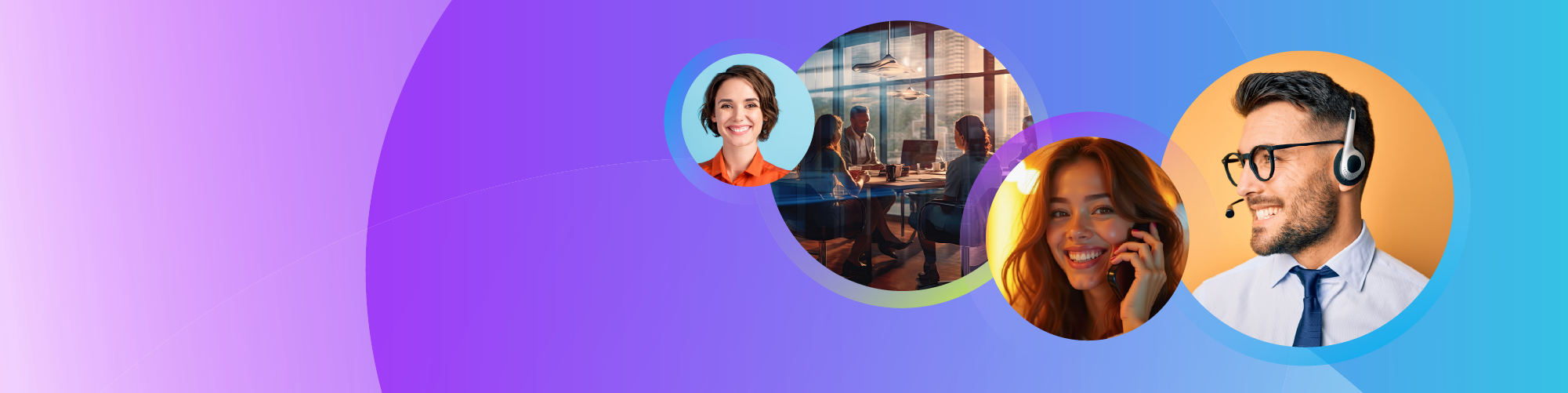 A digital illustration with three circular photographs of people over a colorful gradient background, including a woman smiling, a woman talking on the phone, and a man wearing a headset.