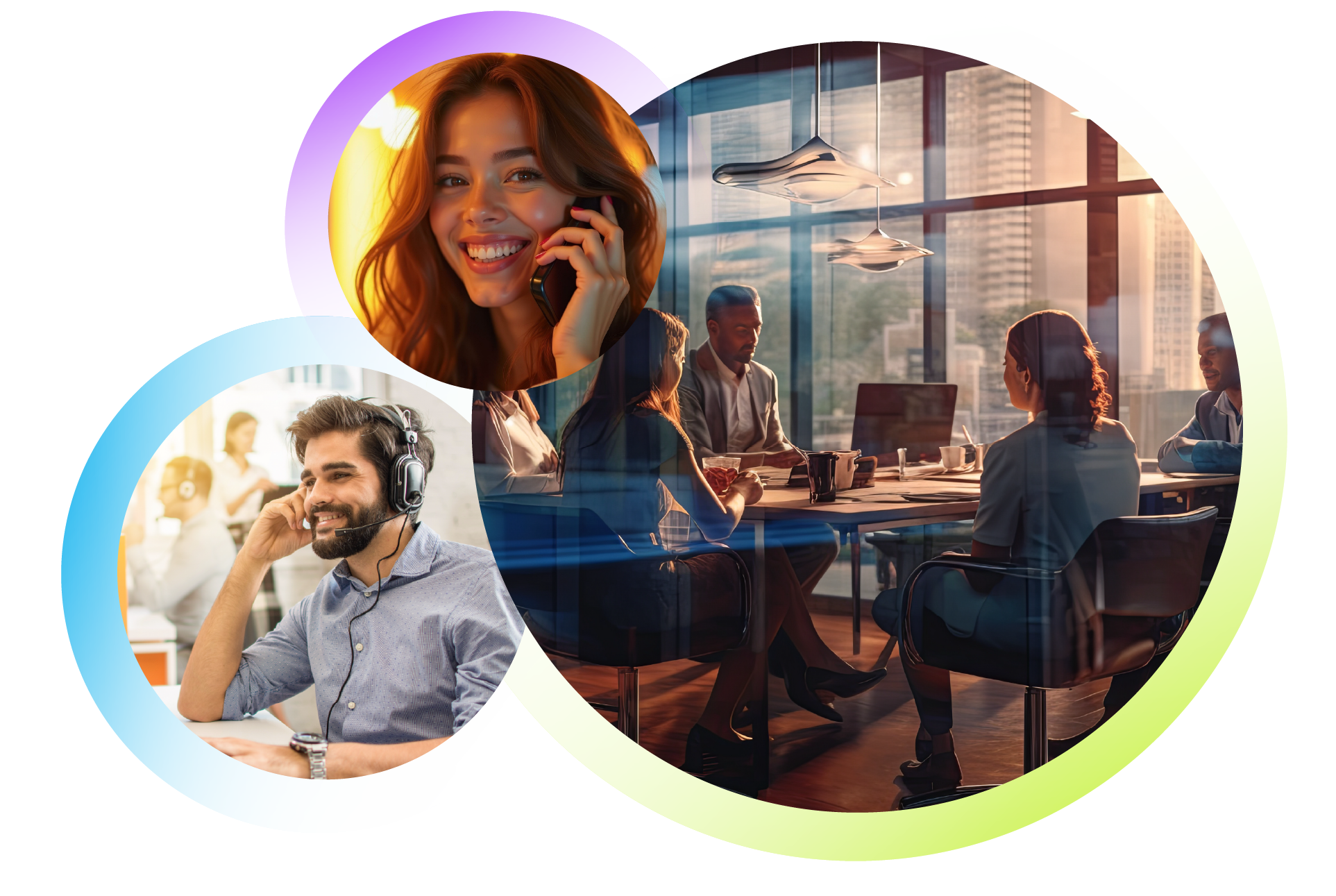 Collage of images depicting a woman on a phone call, a man with a headset working in an office, and a business meeting in a conference room with large windows and city skyline view.
