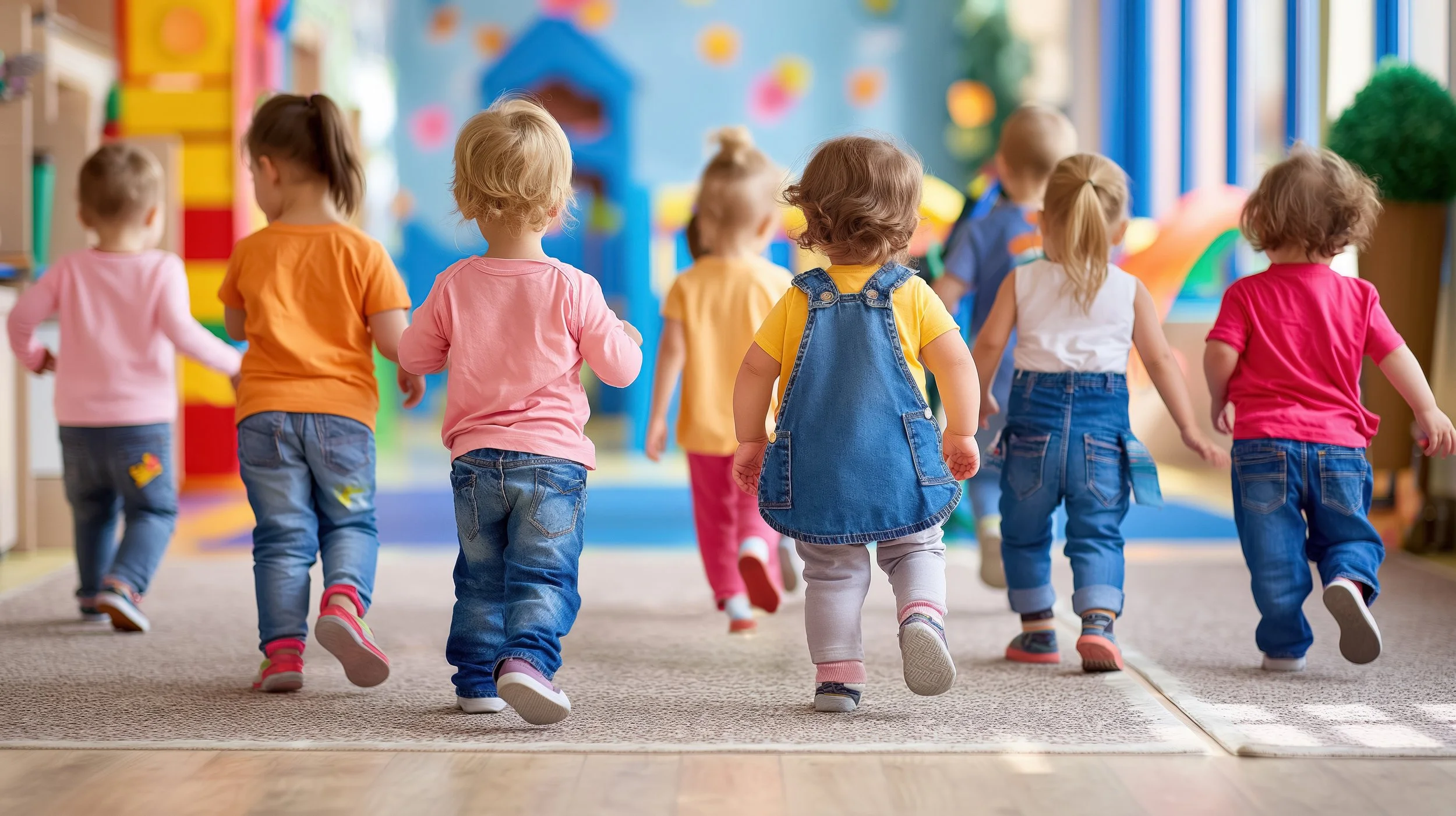 Children playing happily together in a colorful child care setting.