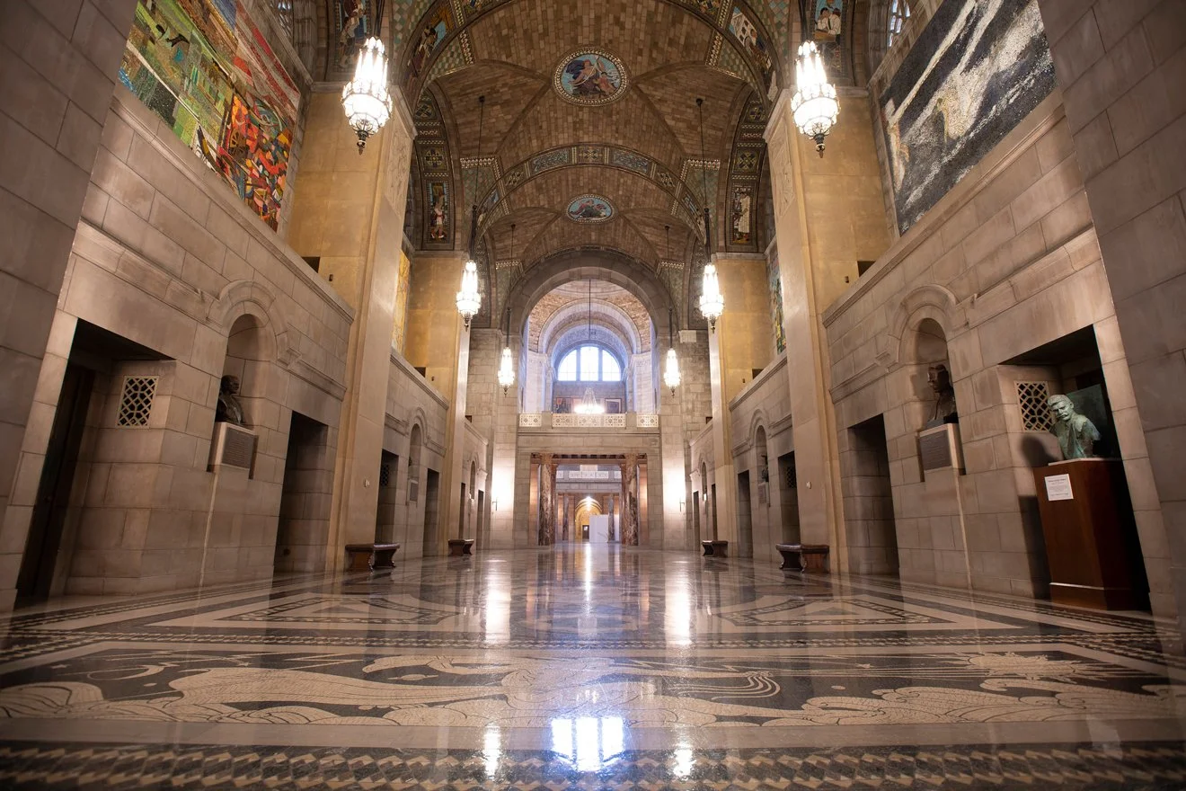 Arched stone hallway in the Nebraska Capitol building.