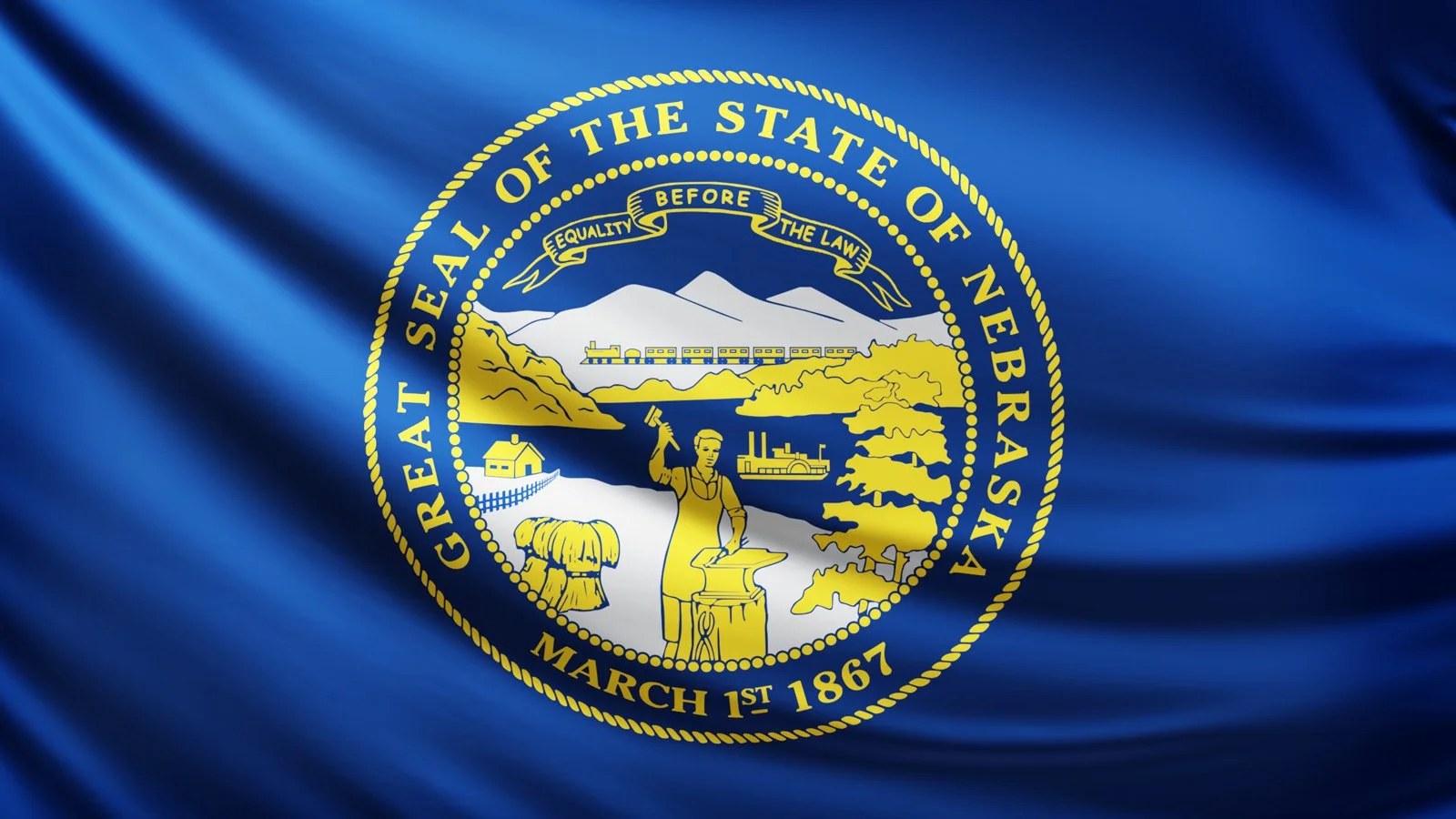 Blue flag showing the Great Seal of the State of Nebraska