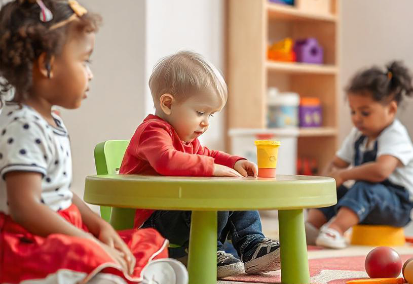 Young boy in a red top sits at a small green activity table, while two young girls sit nearby, one in the foreground, one in the background.