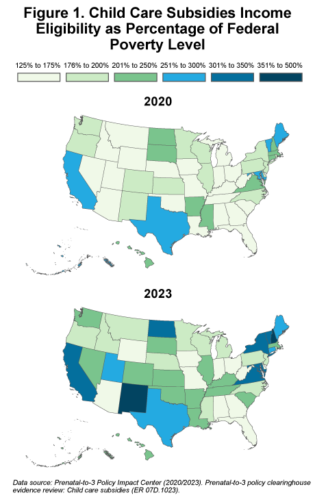Map of the United States showing child care subsidy eligibility as a percentage of the Federal Poverty Level.