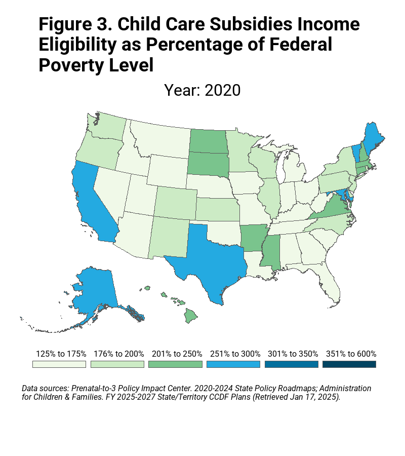 Animated map of the United States showing changes in child care subsidy income eligibility over time.