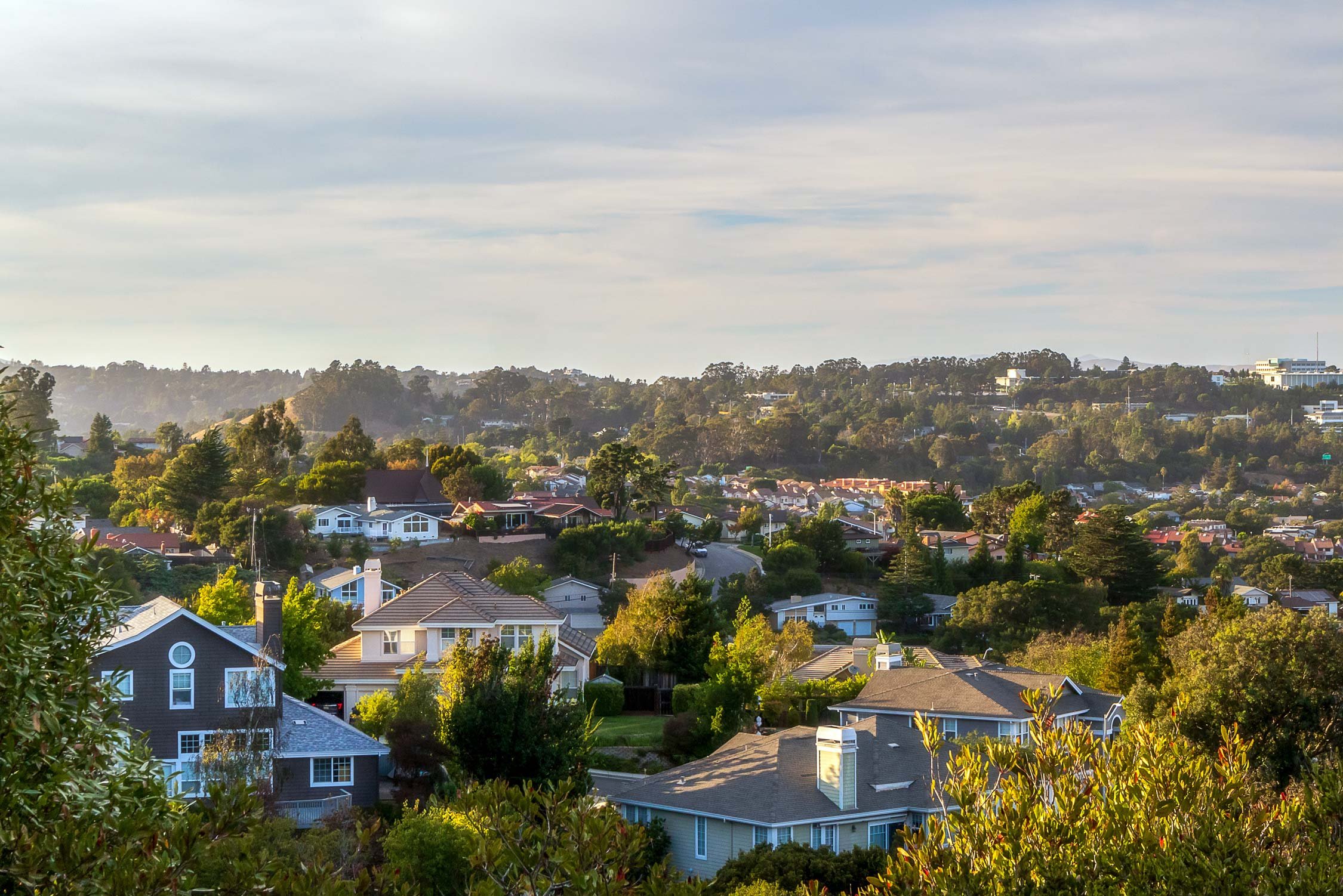 A suburban neighborhood on a hillside with multiple houses, trees, and green foliage under a partly cloudy sky.
