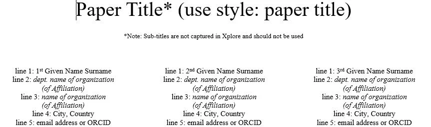 A template for a paper with placeholders for a title, author names, organizational details, city, country, and email or ORCID, formatted in a structured layout with lines and notes.