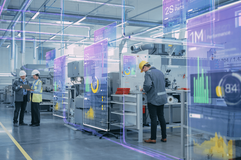 Factory with workers inspecting machinery, surrounded by digital holographic displays of data and analytics.