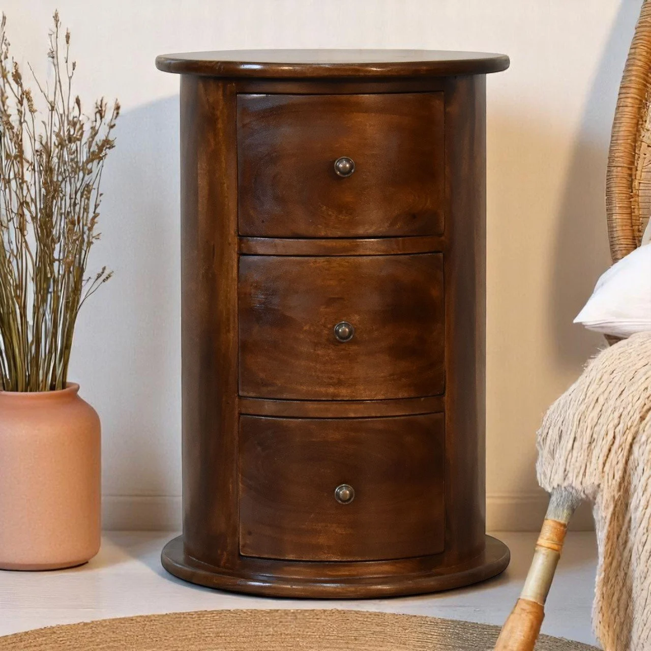 Elegant Mango Wood Drum Chest with Drawers