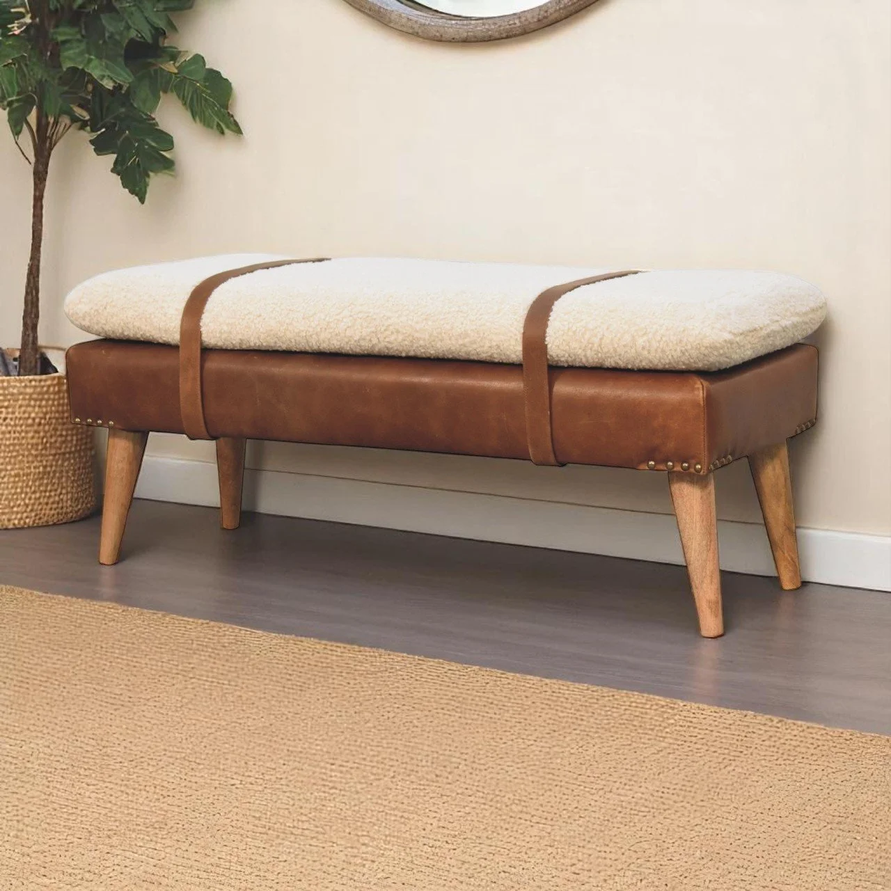 Modern Handwoven Upholstered Bench with Buffalo Hide Leather