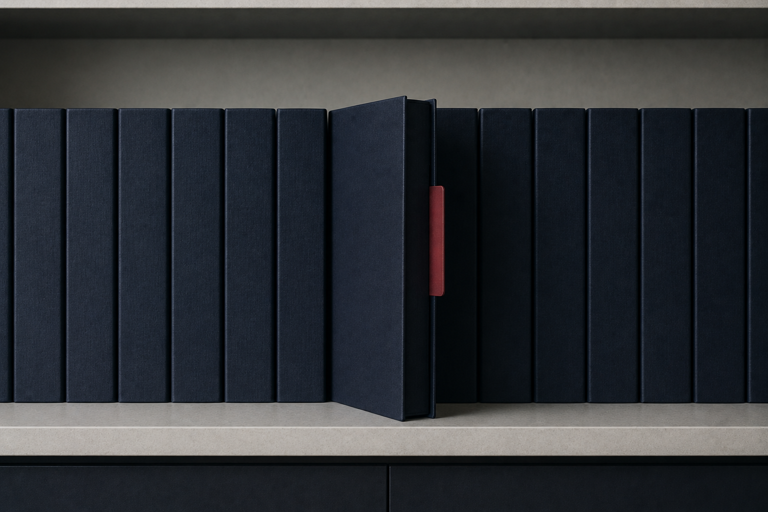 A row of identical navy folders on a shelf with one pulled out of line, its garnet edge visible, illustrating a fiduciary duty diverted from a Florida business.