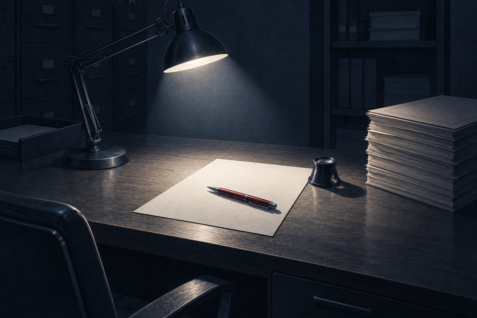 A desk lamp throwing a hard cone of light on a blank sheet of paper beside a magnifying loupe and a red pen, illustrating why Florida insurers send claims to an examination under oath.