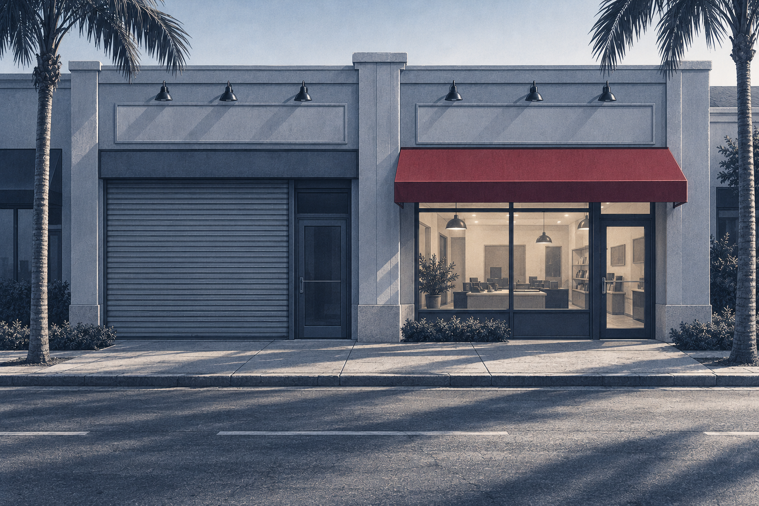 Two identical storefronts side by side, one shuttered and dark and the other open under a fresh red awning, illustrating fraudulent transfers and proceedings supplementary against a Florida debtor who moved assets.