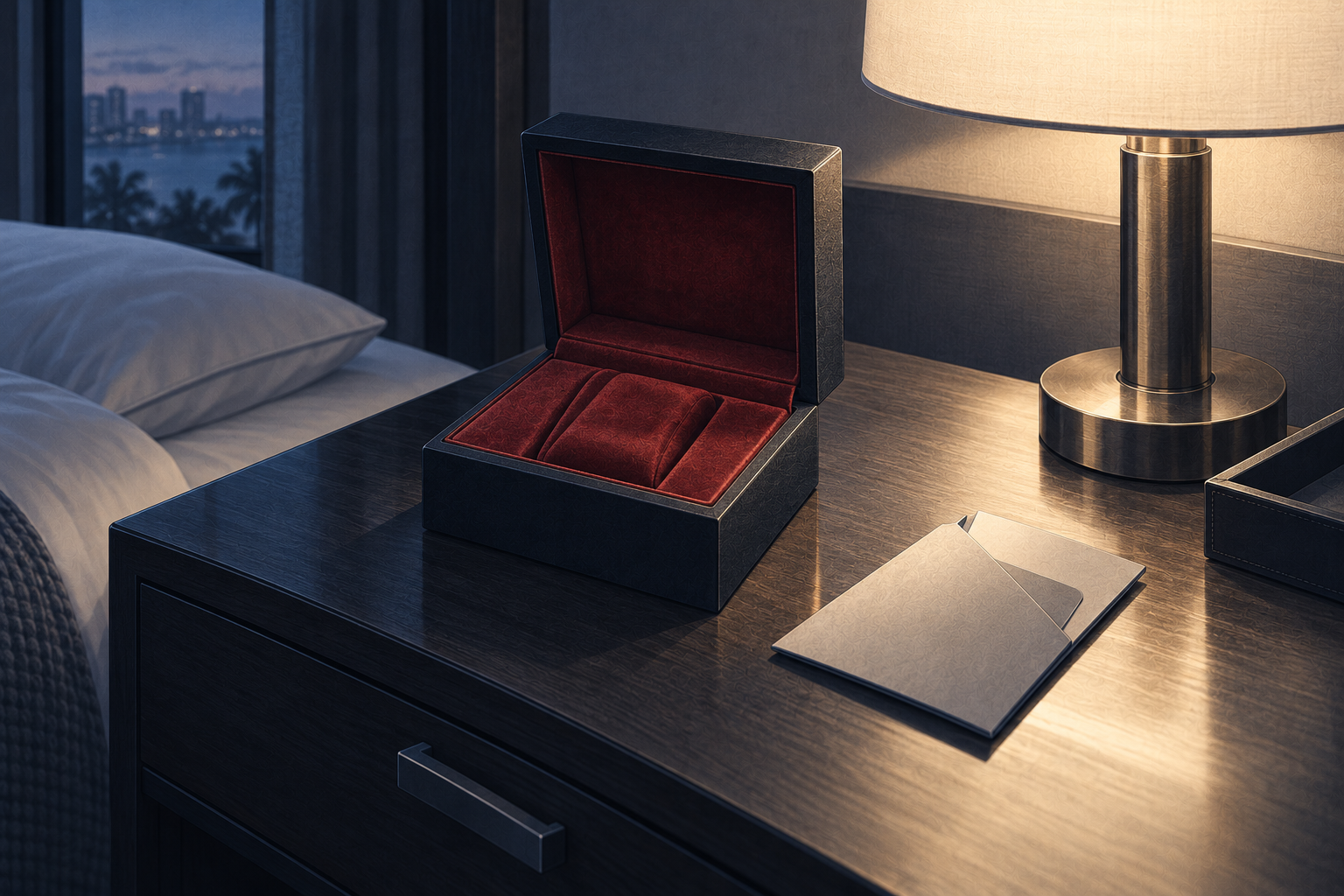 An open empty watch box with a red velvet lining on a hotel nightstand, illustrating lost and stolen watch and jewelry insurance claims and the examination under oath that often follows.