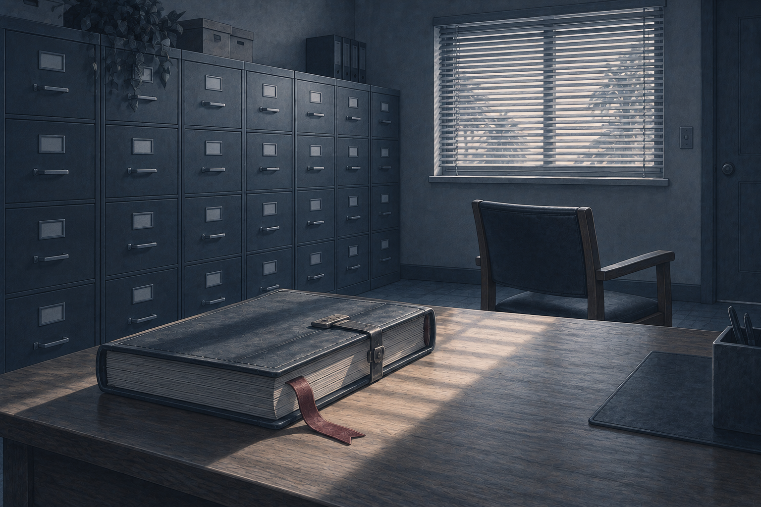 A records room with closed unlabeled filing cabinets and a clasped ledger on a bare desk beside an empty chair, a red ribbon marker trailing from its pages, illustrating the grounds and process for removing a trustee in Florida.
