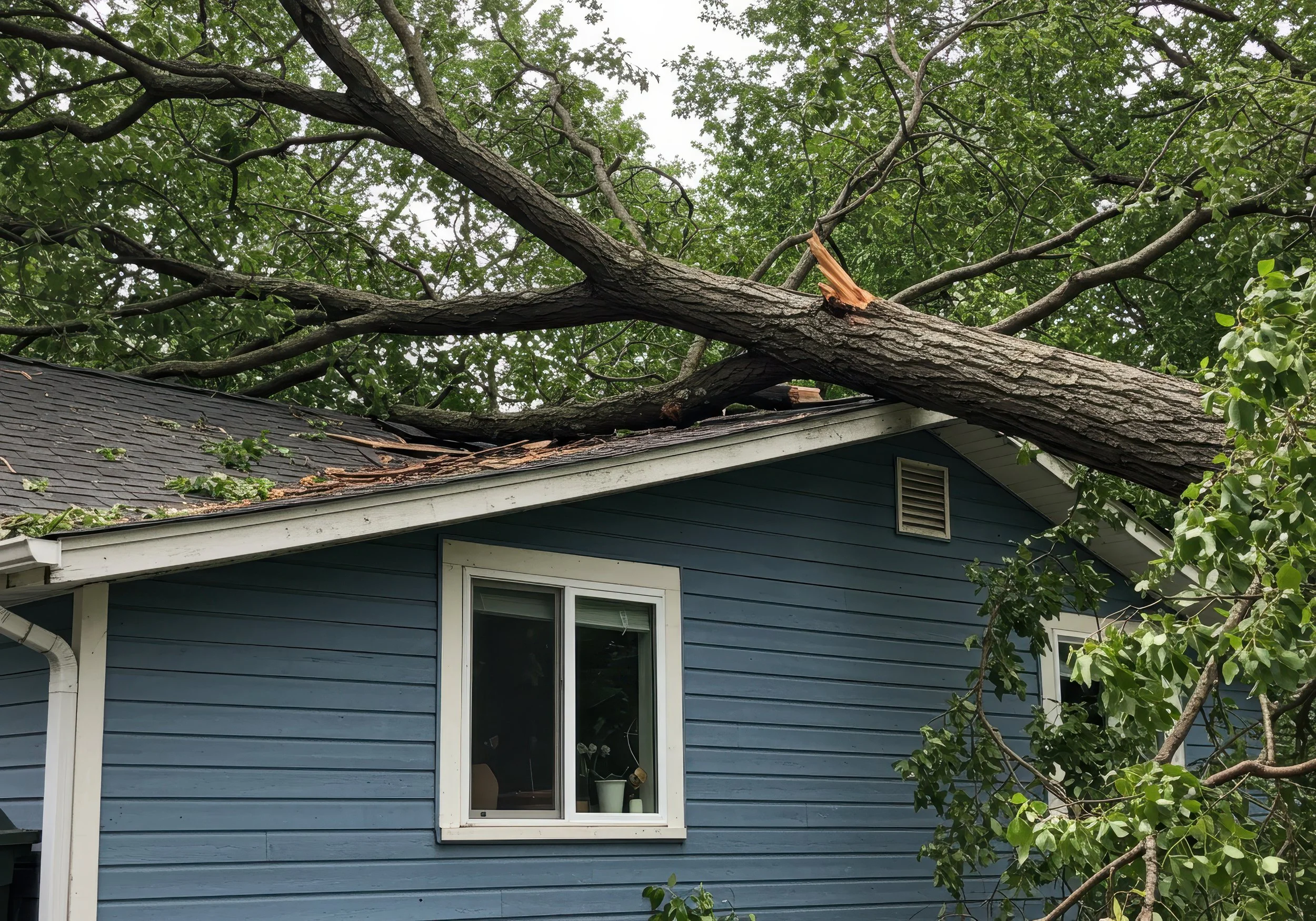 Fallen tree branch on the roof of a blue house with two windows, one of which has plants inside, and surrounded by green foliage.