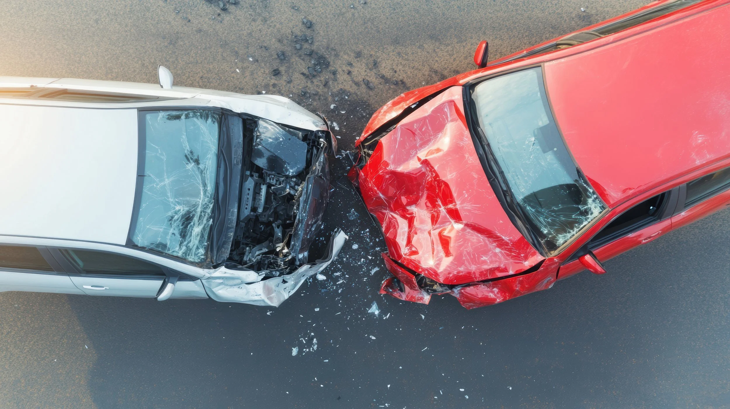 Top-down view of two cars involved in a head-on collision with significant front-end damage, debris scattered on the road.