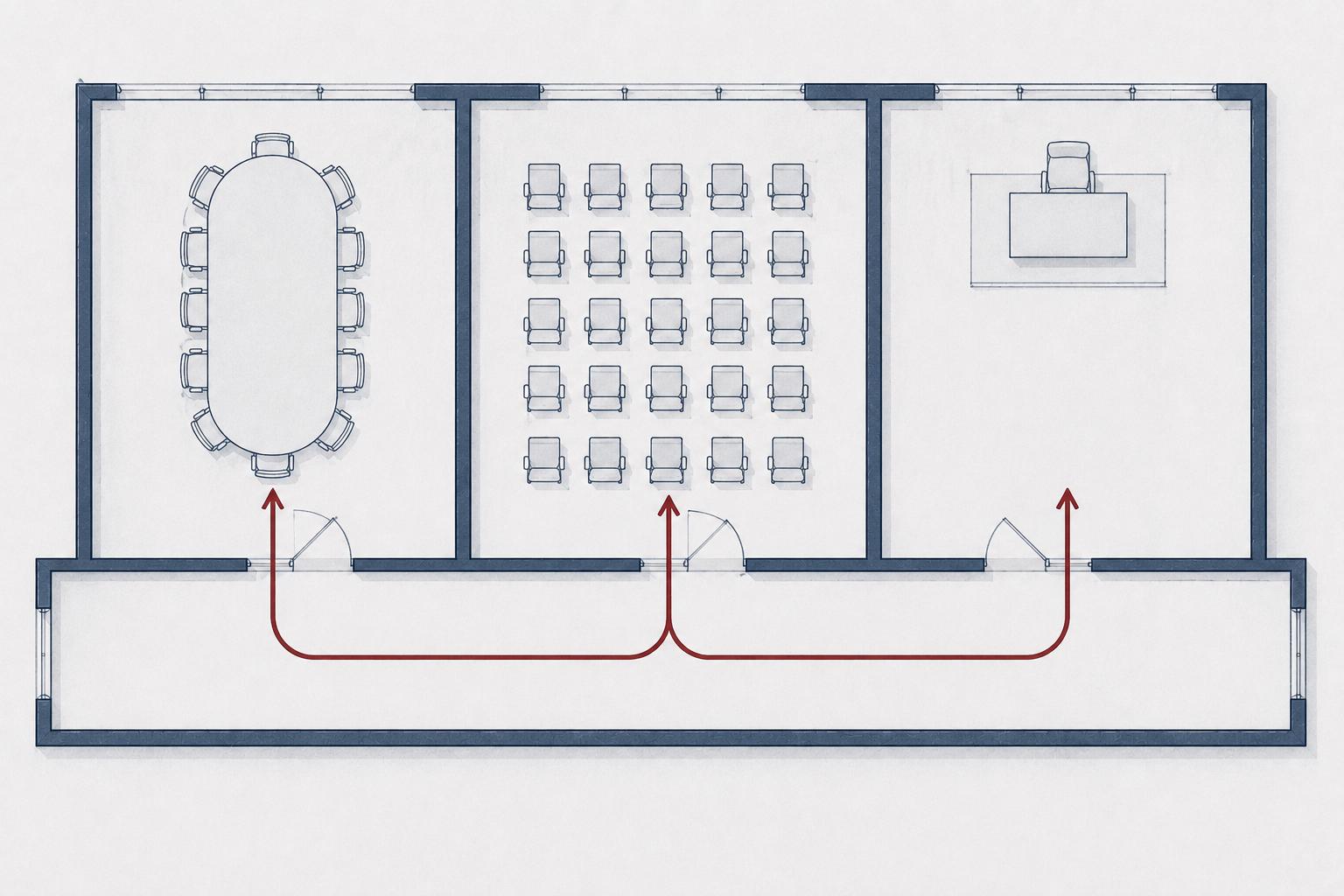 An overhead floor plan of a corridor branching into three rooms, illustrating how Florida lawsuits are decided by arbitration, jury trial, or the bench.