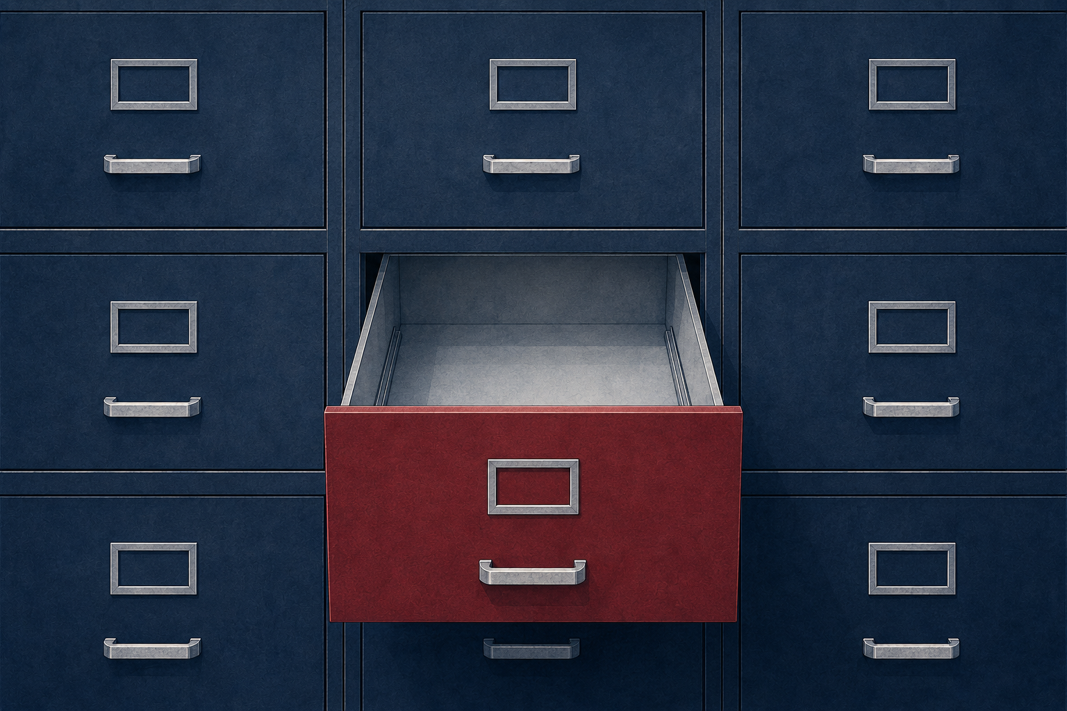 A wall of filing cabinets with one drawer pulled open and empty, illustrating withheld books and records in a Florida LLC dispute.