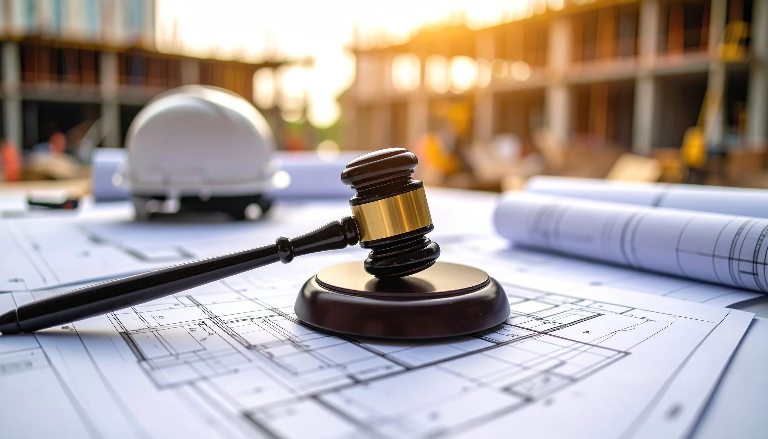 Gavel, helmet, and blueprints on a construction site.
