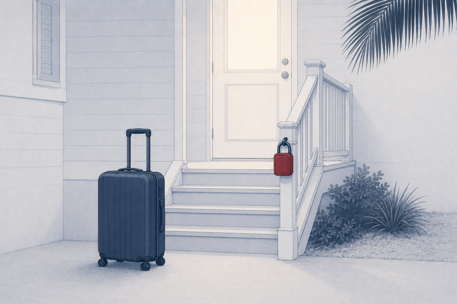 A suitcase at the foot of stairs leading to a vacation rental door with a lockbox on the rail, illustrating injury claims at Florida short-term rentals.