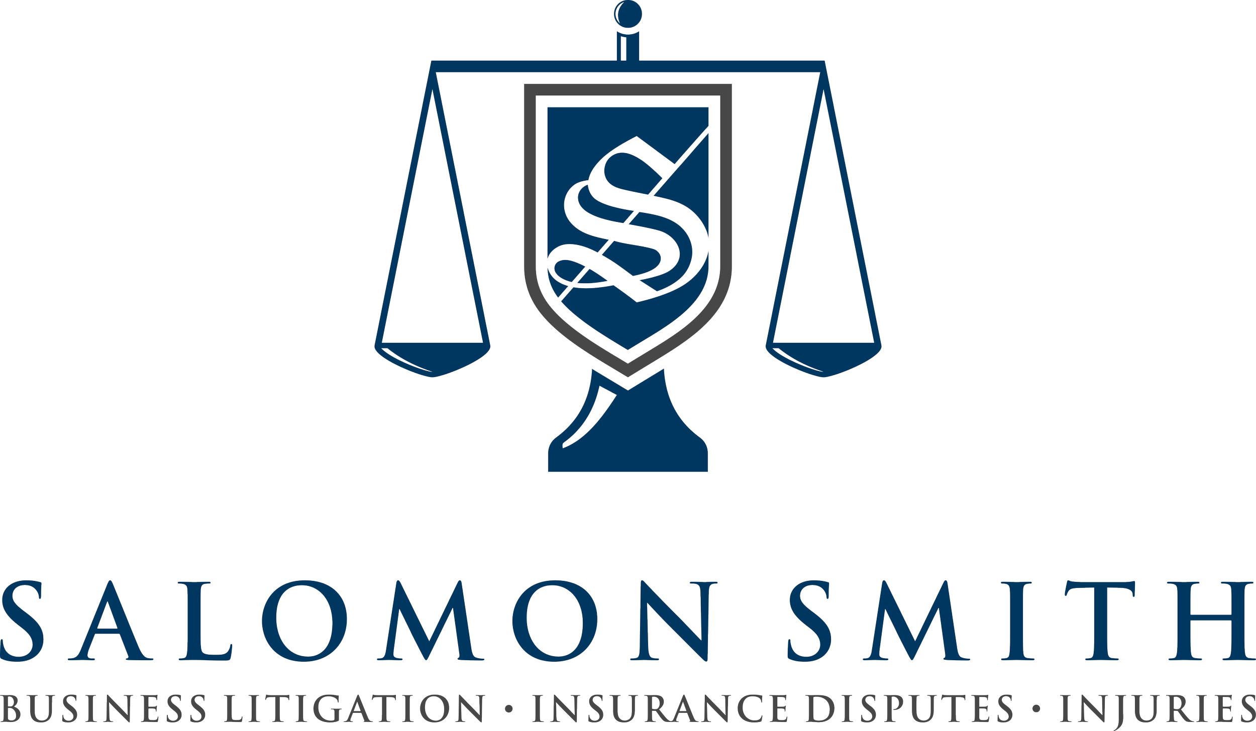 Logo of a law firm with scales of justice and a shield featuring the letter 'S', under the name 'Salomon Smith' and the words 'Business Litigation, Insurance Disputes, Injuries'.