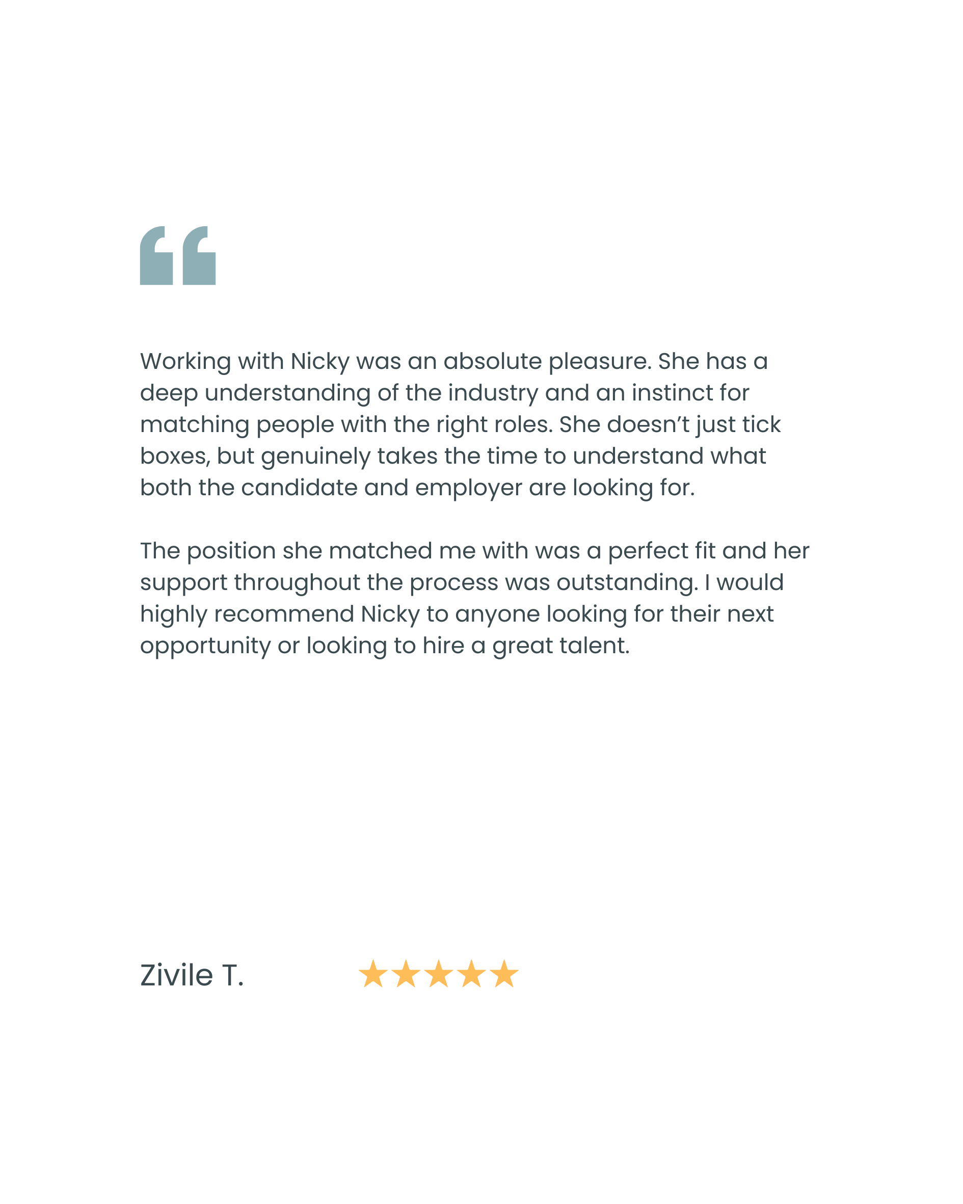 A digital testimonial with a quote about working with Nicky, a five-star rating, and the name Zivile T.