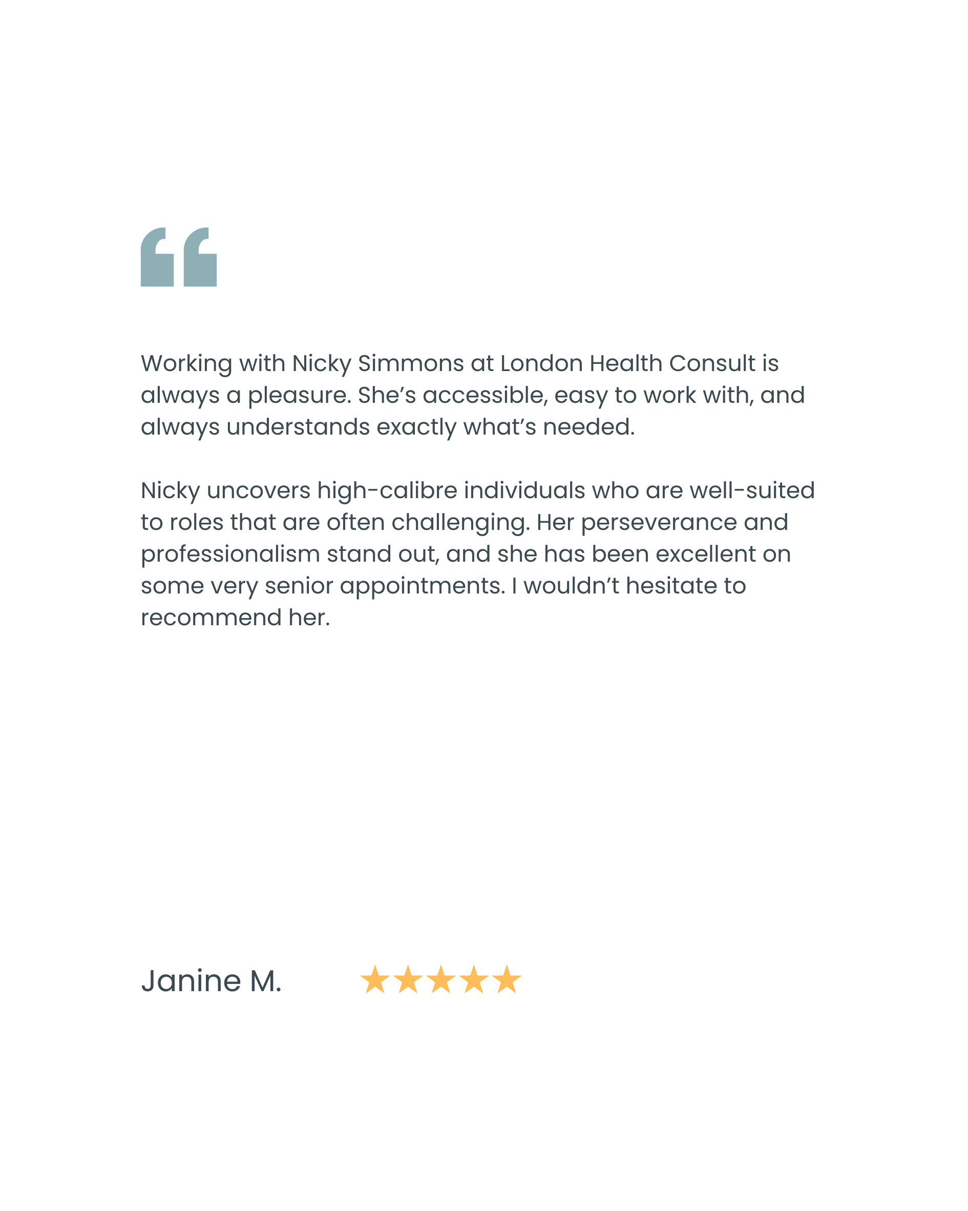 Testimonial quote about Nicky Simmons from Janine M., including a five-star rating.