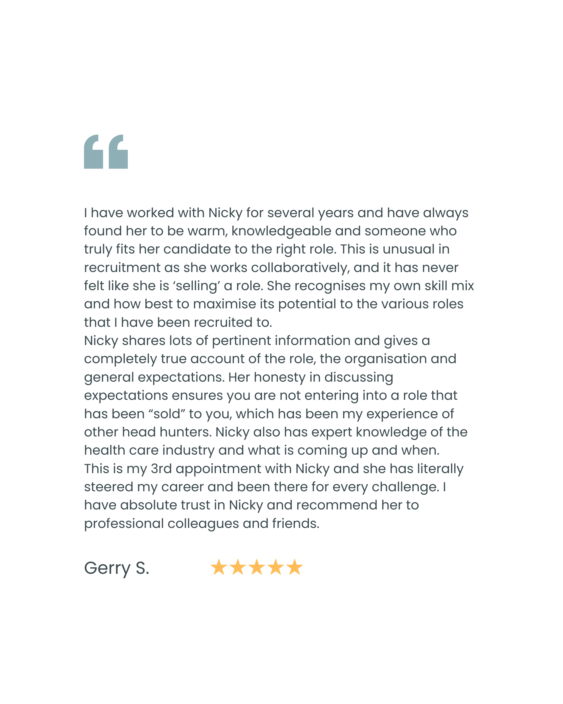 Letter of recommendation with quote marks, written testimonial praising Nicky, with five orange stars at the bottom and the name Gerry S.