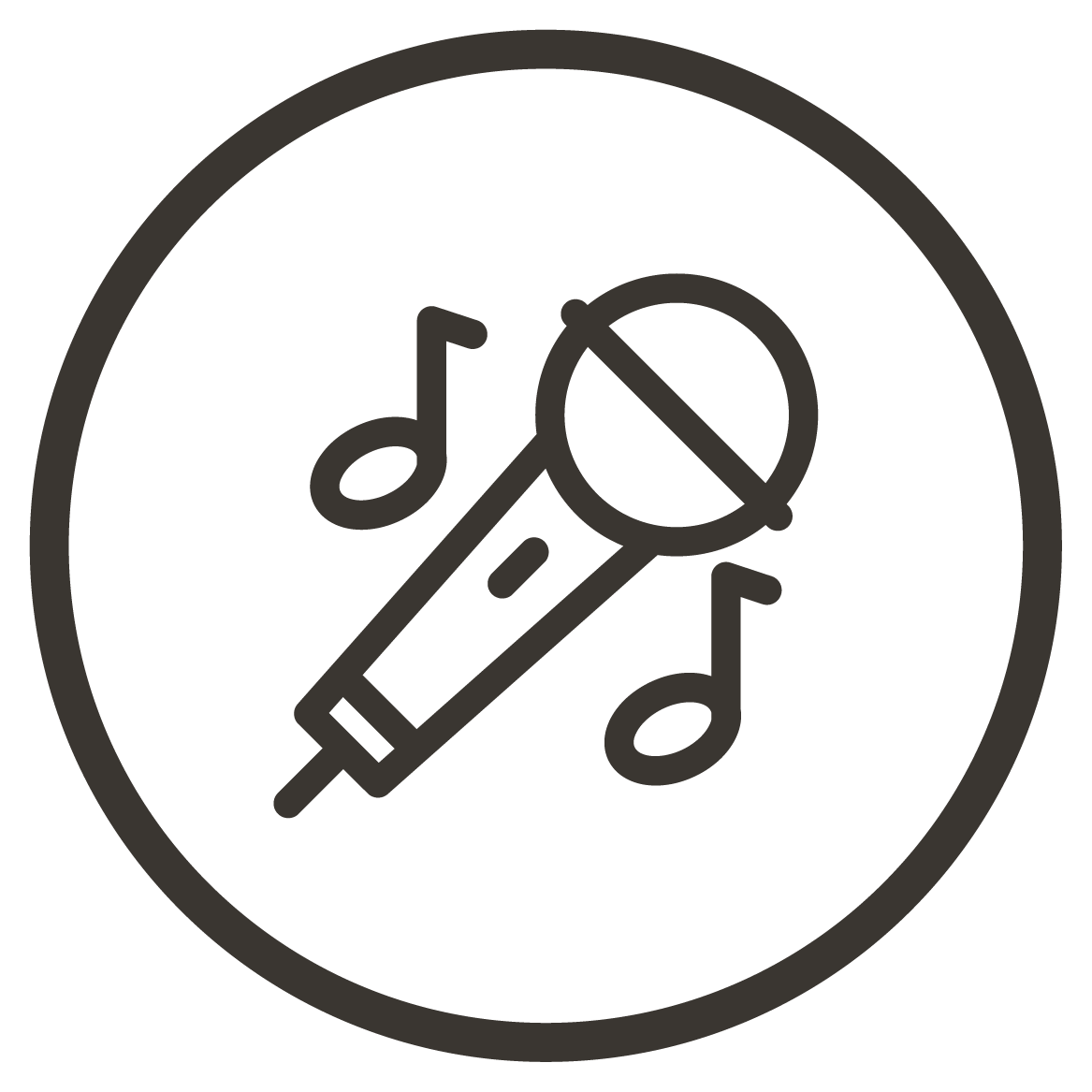 Icon of a microphone with musical notes in a circle. Live music weekends.