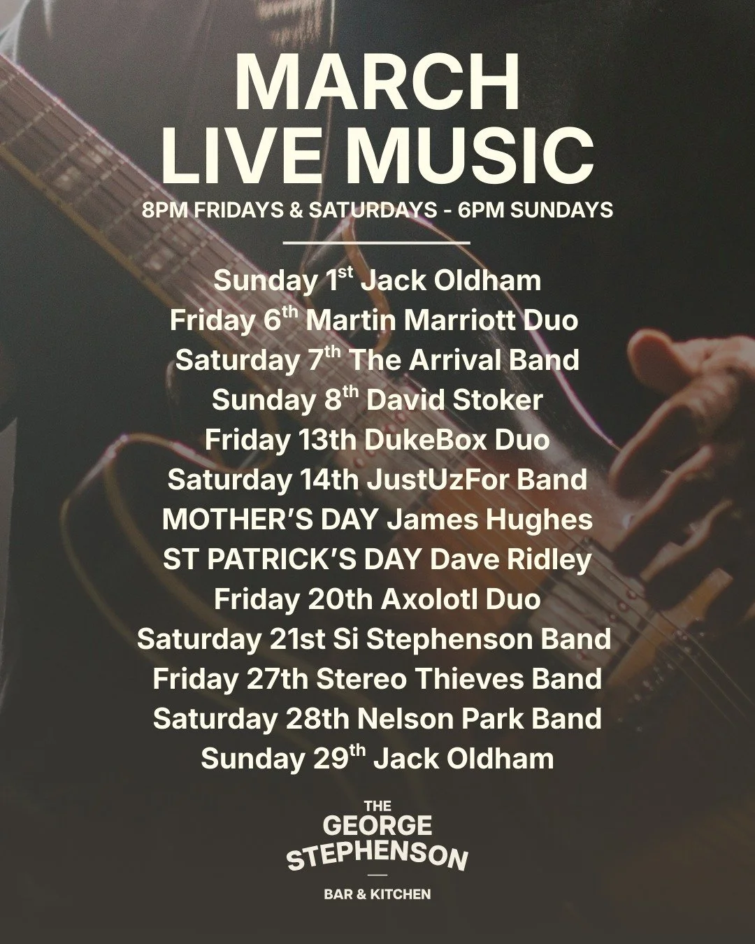Our March live music calendar is here, and it&rsquo;s PACKED 🎶🍻
Live music every Friday, Saturday &amp; Sunday all month long, with everything from duos to full bands and a couple of special St Patrick&rsquo;s &amp; Mother&rsquo;s Day sets in the m
