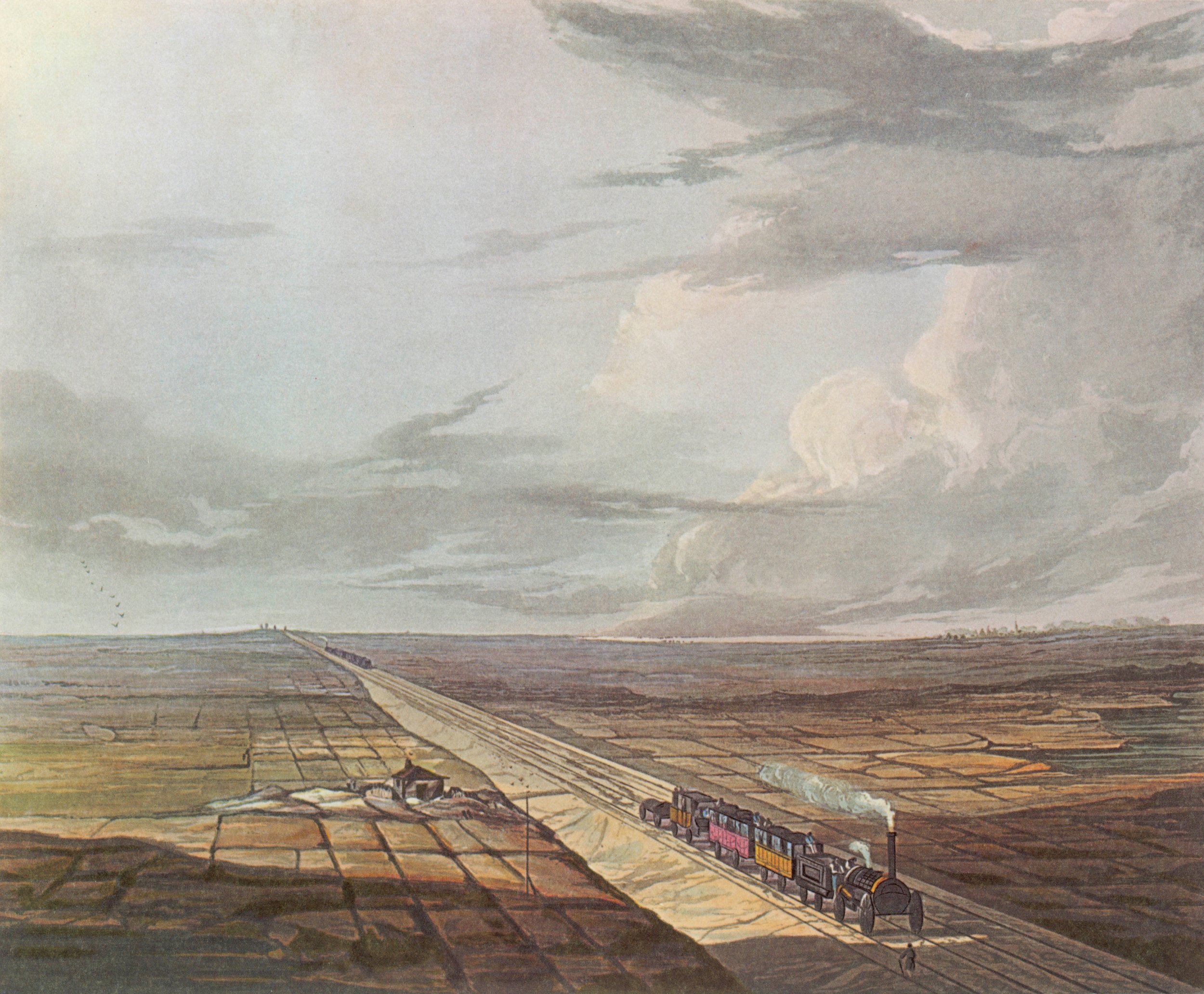 A steam train traveling along tracks through a vast farmland landscape with a cloudy sky overhead. The George Stephenson.