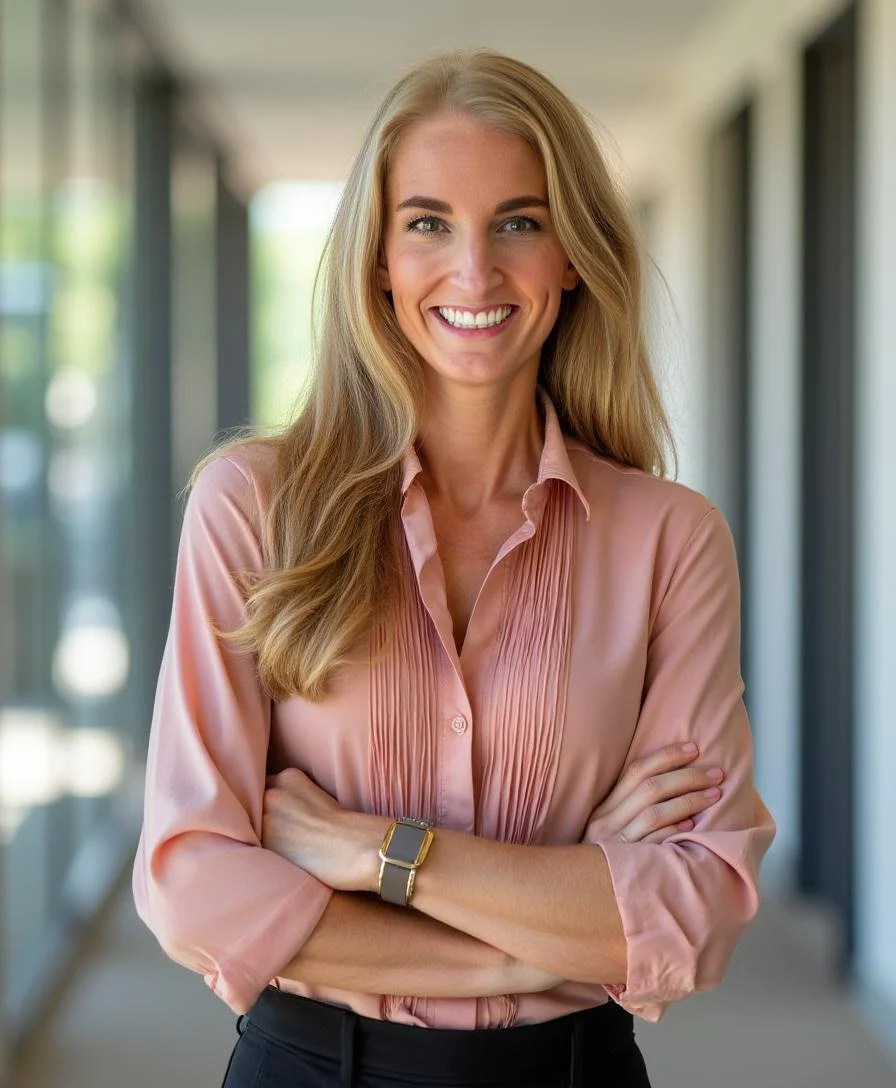 A woman with long, blonde hair smiling and standing with arms crossed in a hallway with glass walls.