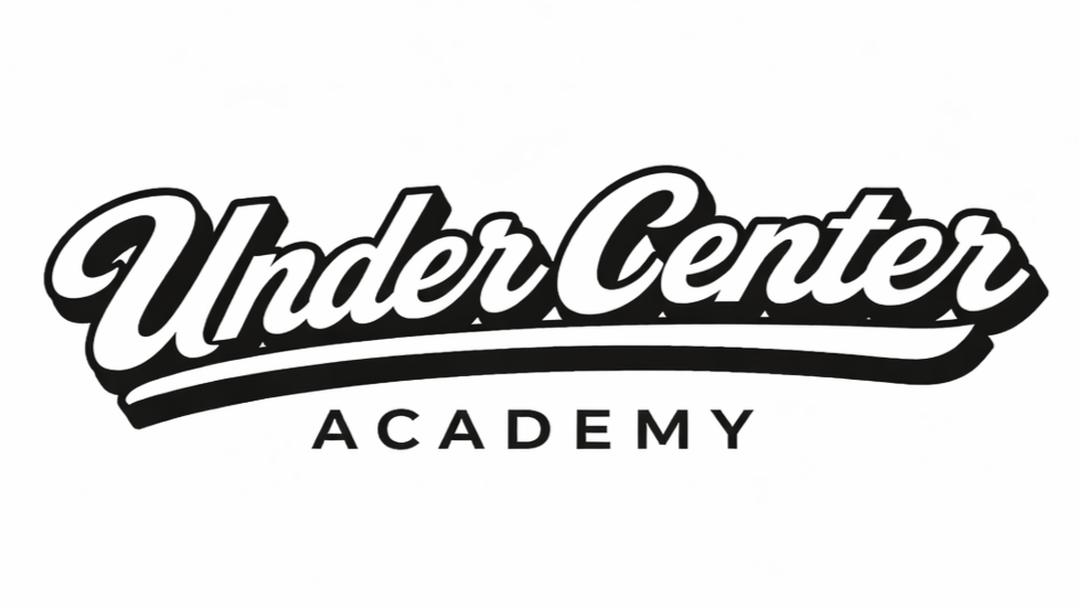 Logo for Under Center Academy in black and white with stylized cursive font.
