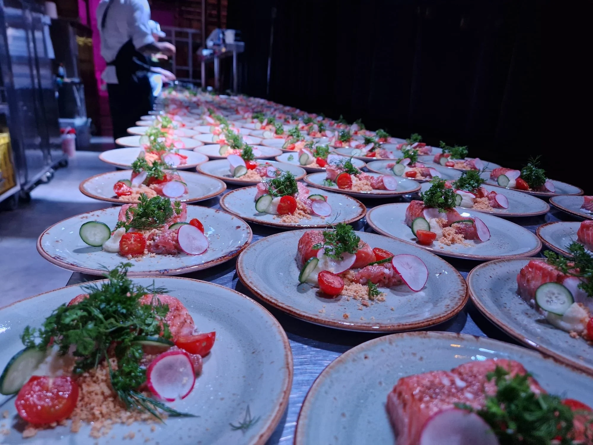 A line of plates with gourmet appetizers garnished with herbs, sliced radishes, cherry tomatoes, and cucumber slices, prepared for a culinary event.