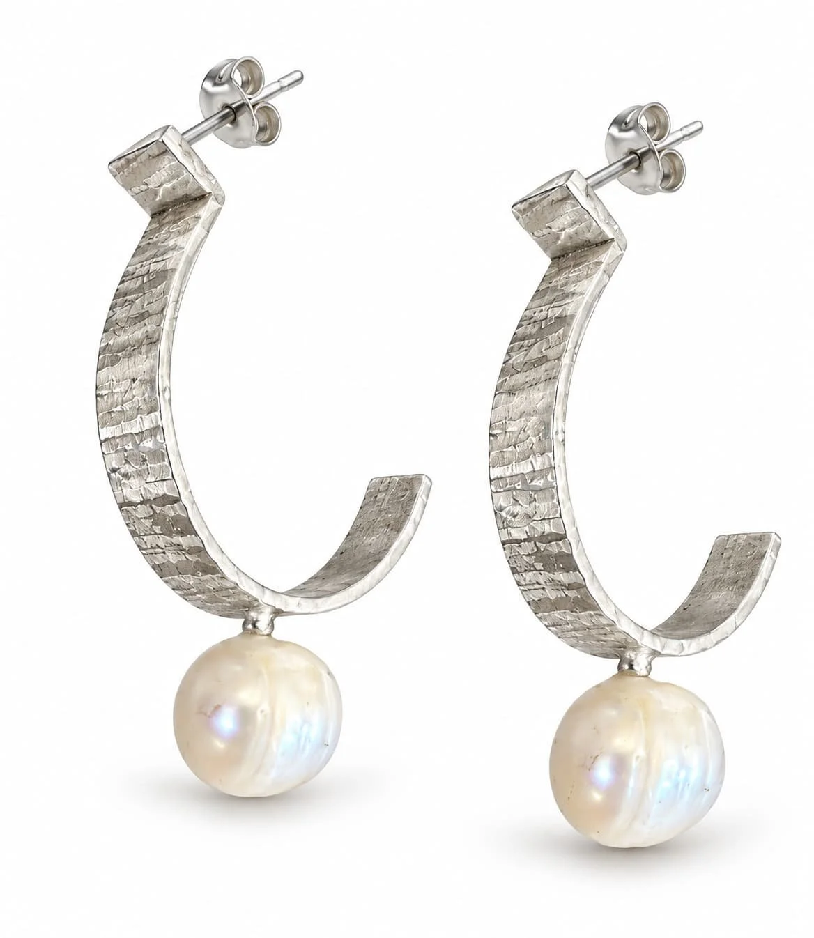Textured silver J-hoop pearl earrings.jpg
