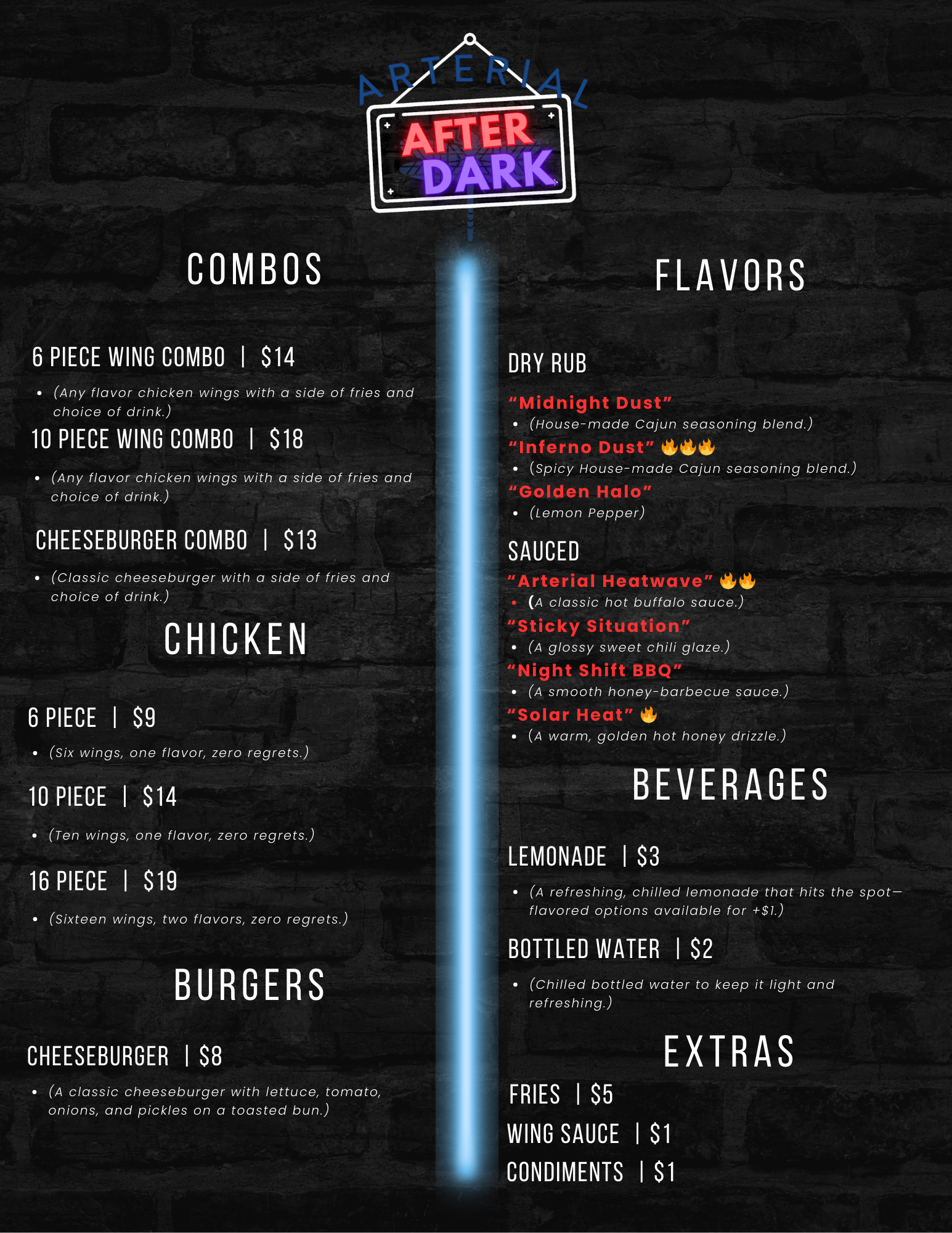 Dark brick wall menu board for a restaurant called 'Arterial After Dark' with drink and food options, including wings, burgers, sides, and sauces, with glowing neon-style text and fire icons indicating spicy flavors.