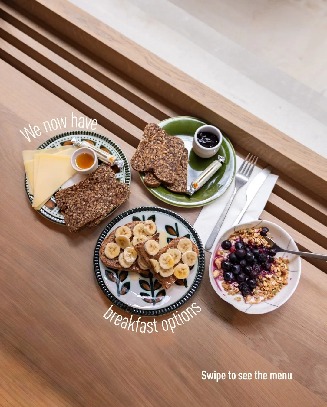 Start your morning with our freshly made breakfast options:
granola bowls, almond butter &amp; banana toast, and our seed toasts with cheese or blueberry jam.

Simple, fresh and homemade🥰
We can&rsquo;t wait to see you for breakfast 🤍