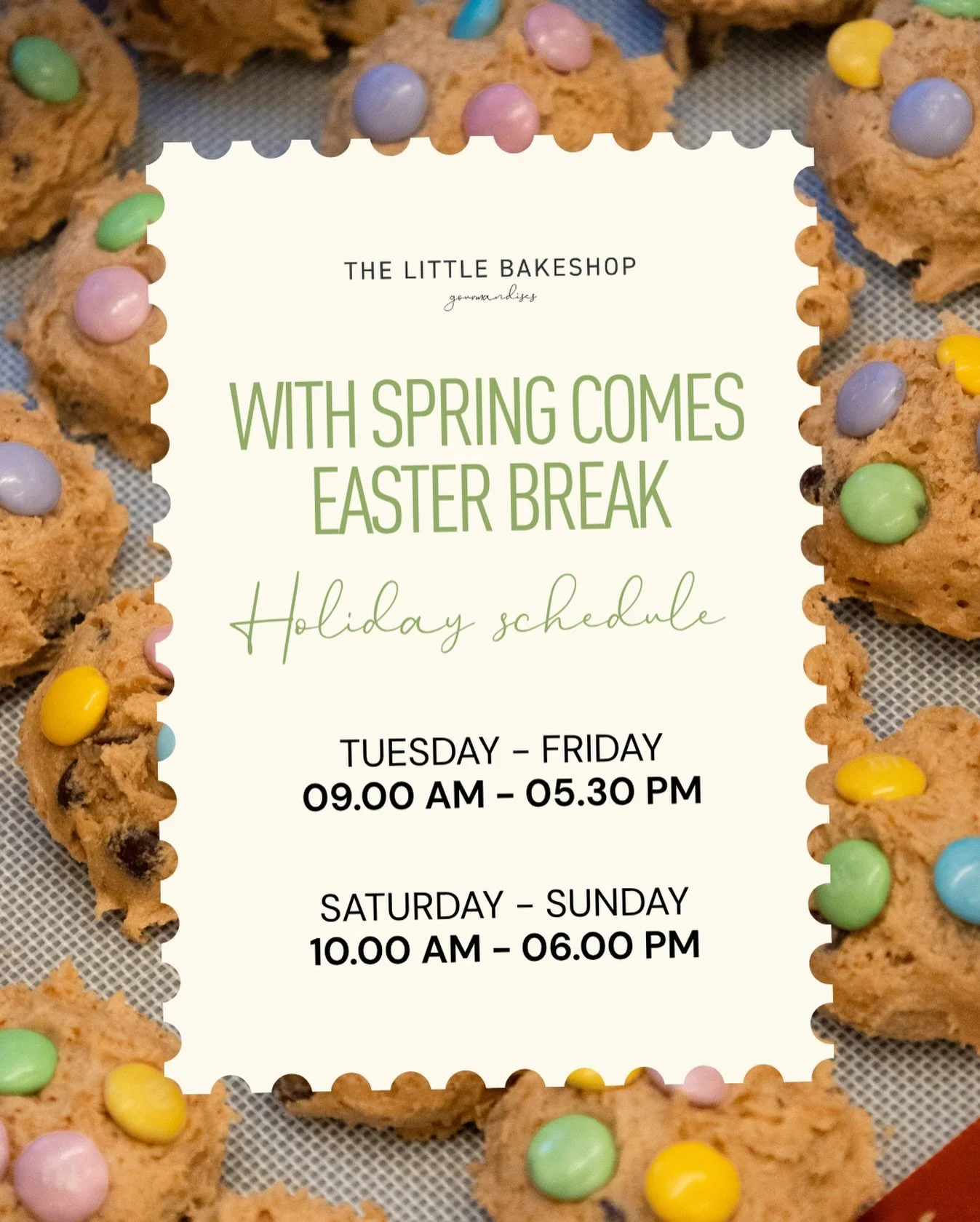 Spring is here, and so is Easter Break! 🌸🐣
The Little Bakeshop is welcoming the season with a special holiday schedule. Stop by and enjoy our freshly baked treats, colorful cookies, and sweet spring flavors.

Holiday Opening Hours:
Tuesday &ndash; 