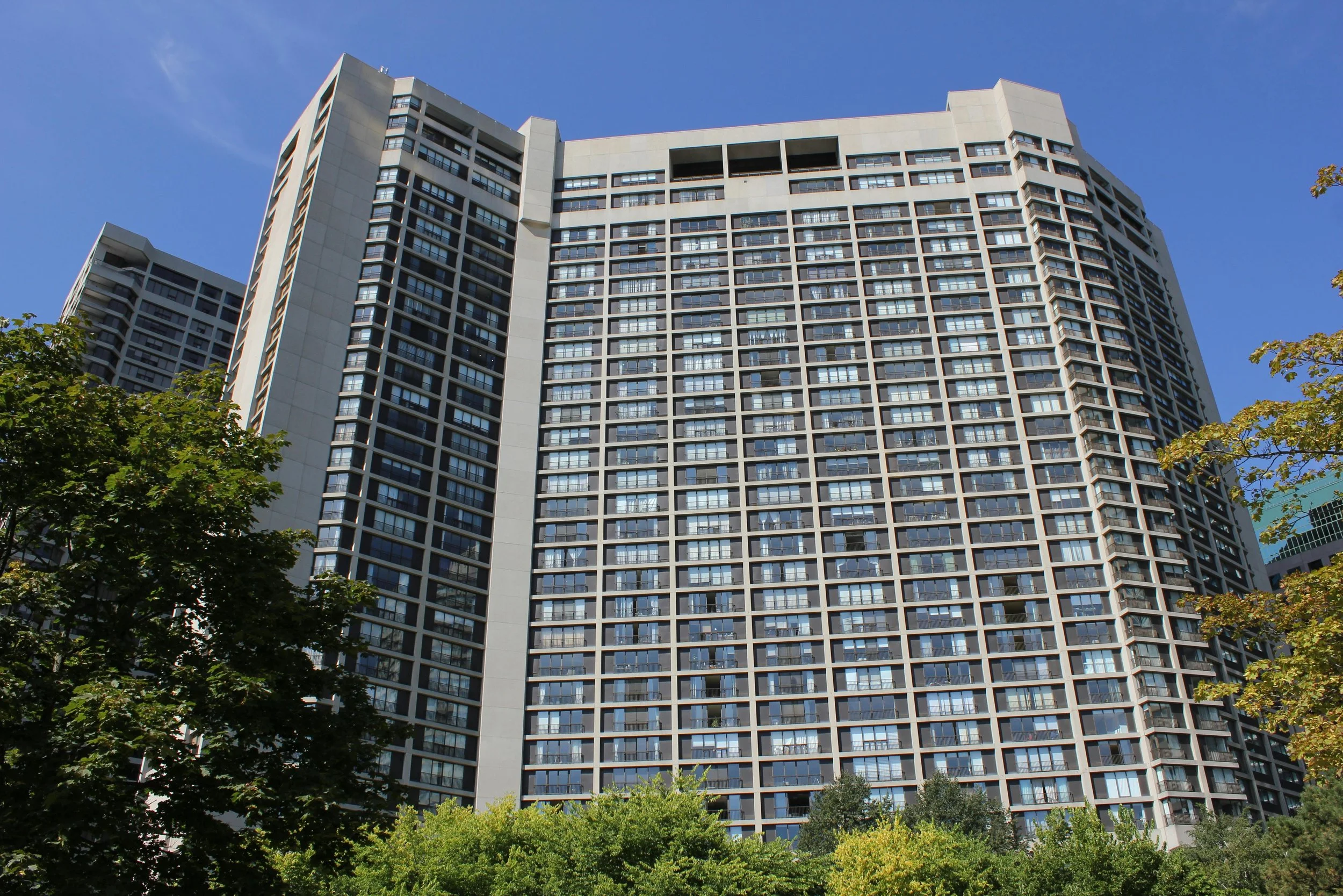 A tall modern high-rise building with numerous windows, partially obscured by green trees at its base, against a clear blue sky.